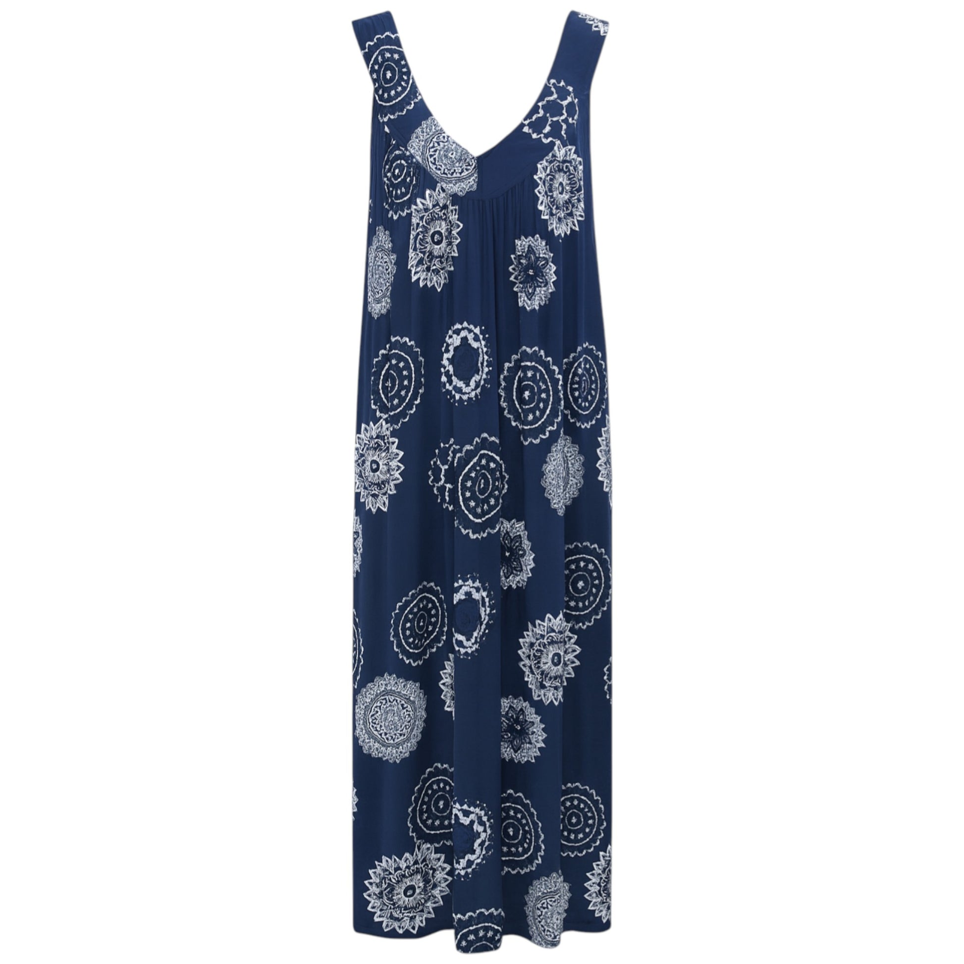 Women's sleeveless navy blue boho summer midi dress with paisley print – lightweight and flowy beach holiday dress