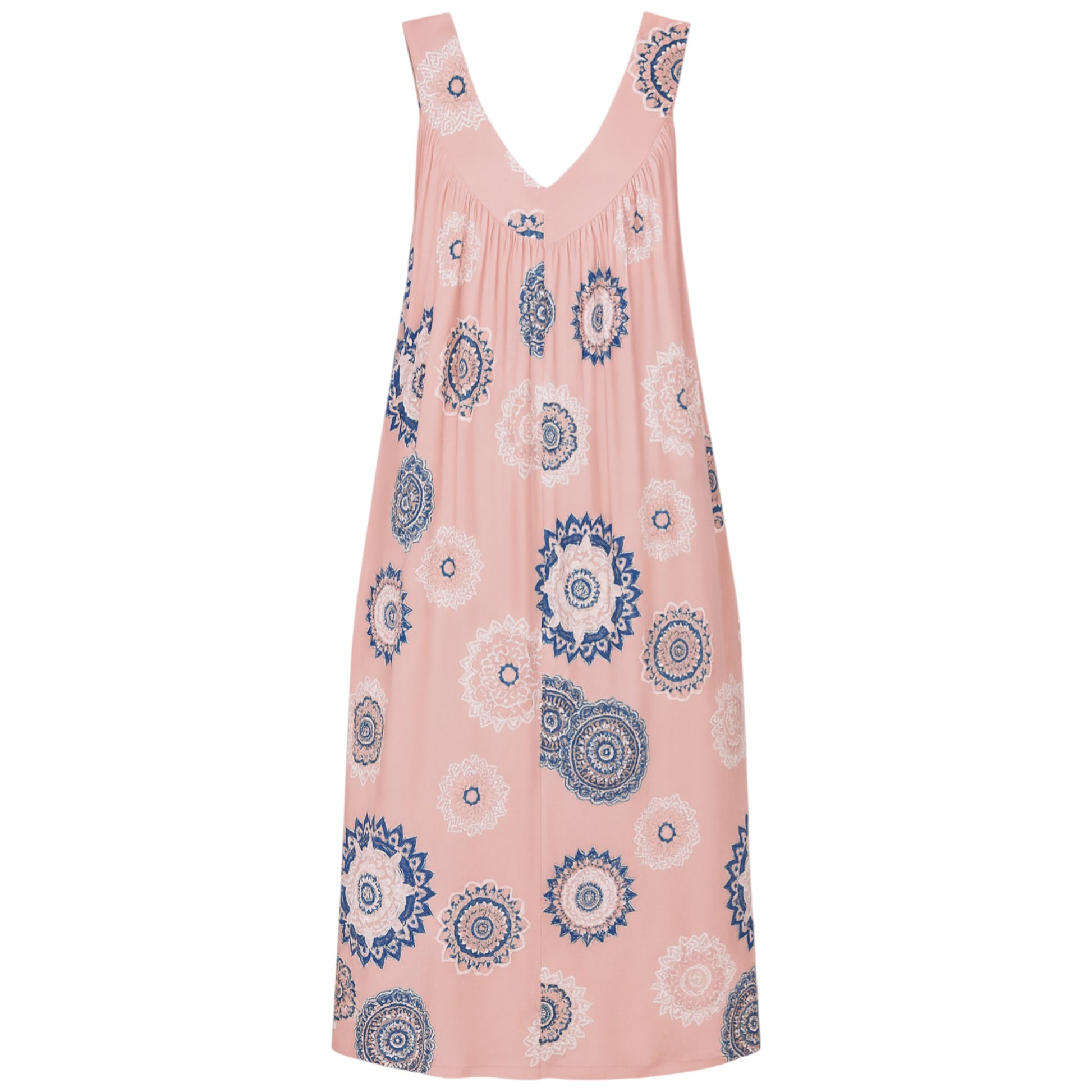 Women's sleeveless pink boho summer midi dress with paisley print – lightweight and flowy beach holiday dress