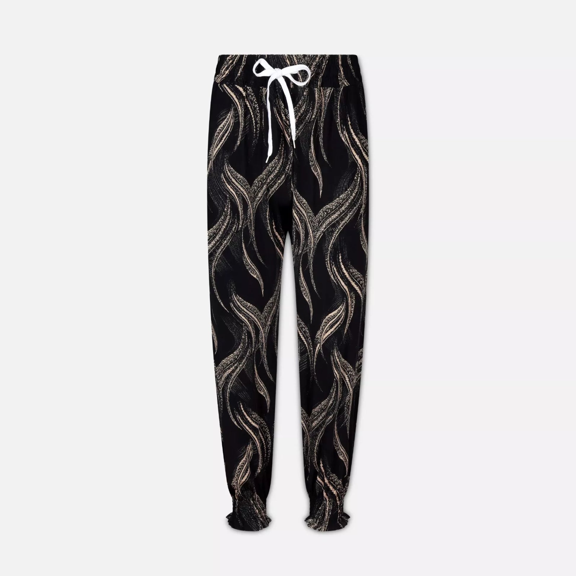 Ladies JDN branded palazzo trousers in black with abstract wavy print and white drawstring waistband