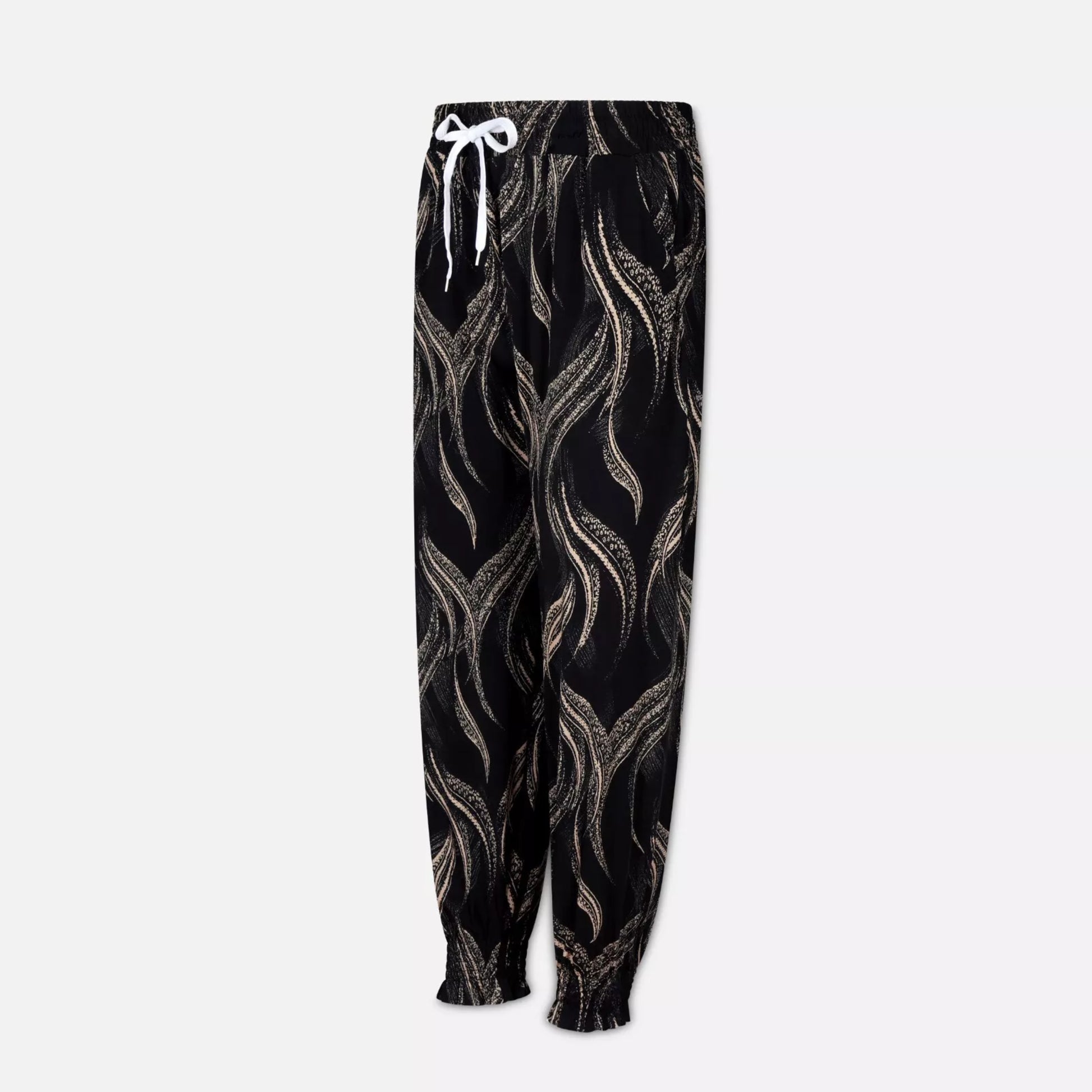 Ladies JDN branded palazzo trousers in black with abstract wavy print and white drawstring waistband