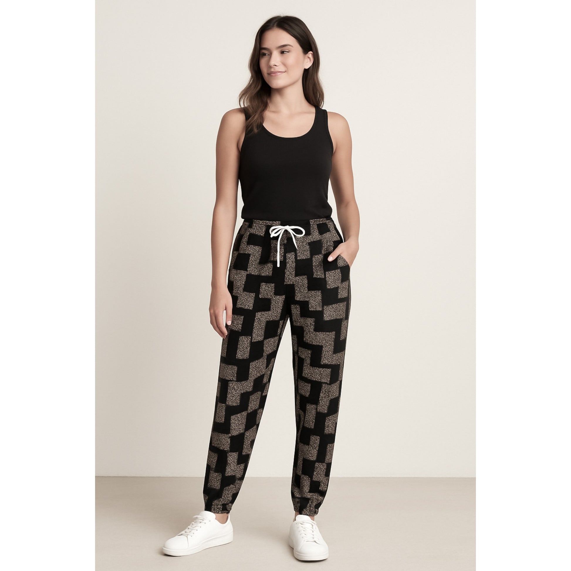 Ladies JDN branded palazzo trousers in black with abstract print and white drawstring waistband