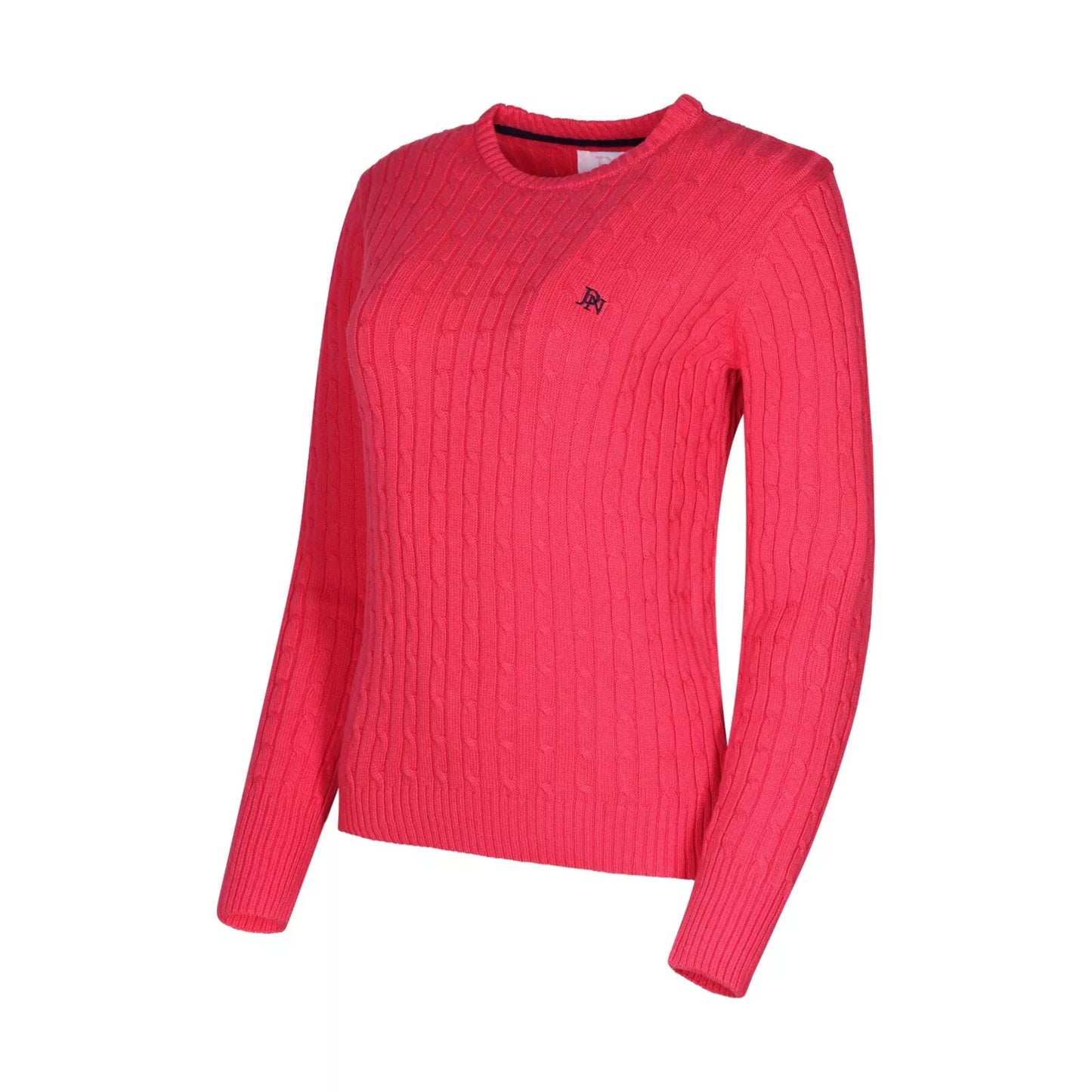 Ladies JDN cherry round-neck cable knit jumper with long sleeves and embroidered chest logo