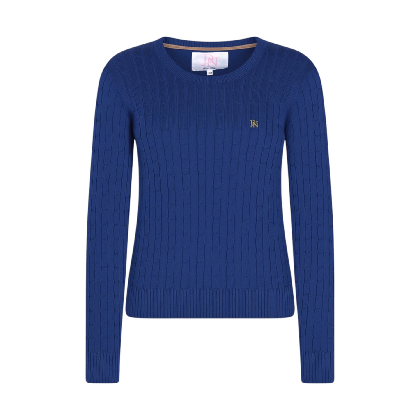 Ladies JDN mid blue round-neck cable knit jumper with long sleeves and embroidered chest logo
