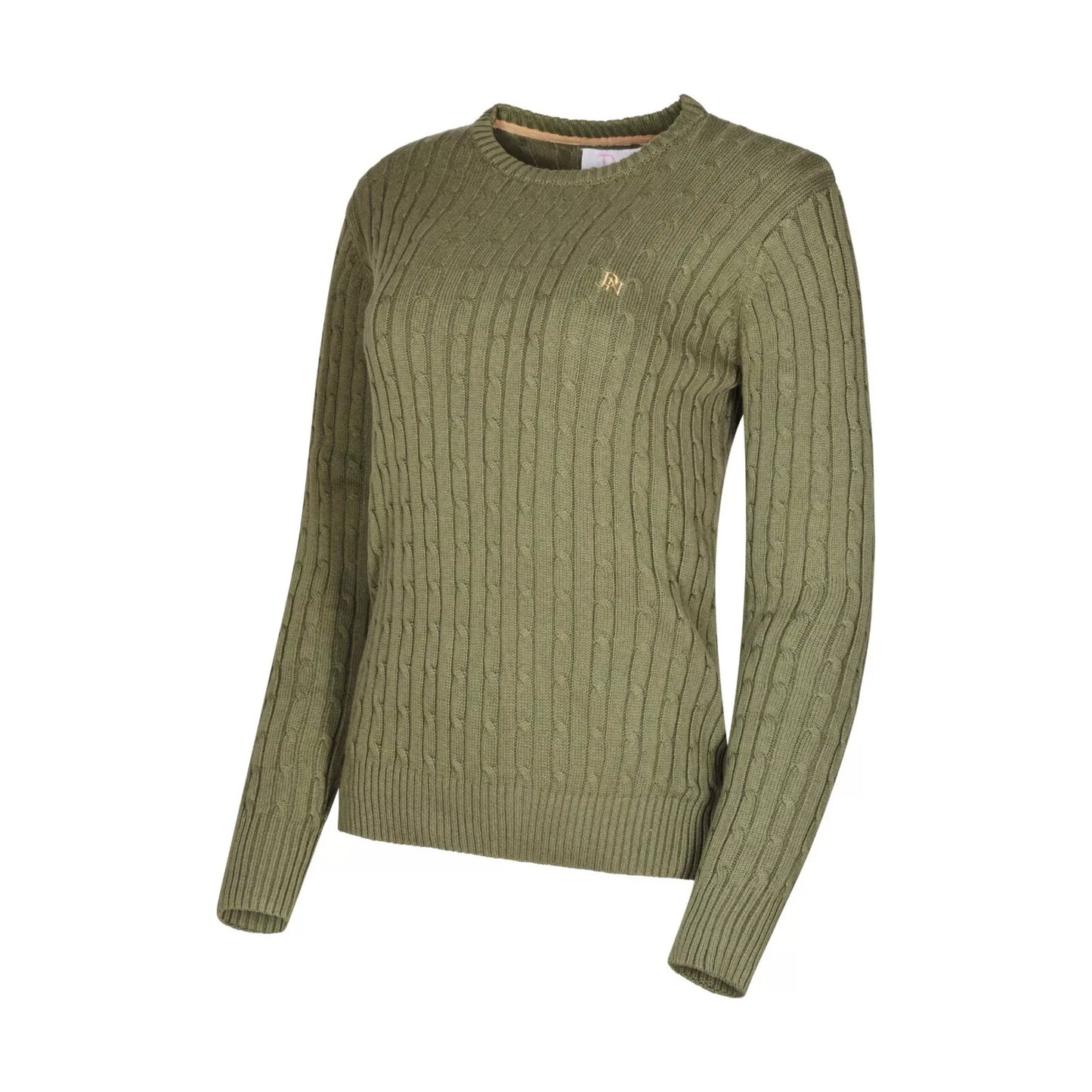 Ladies JDN moss green round-neck cable knit jumper with long sleeves and embroidered chest logo