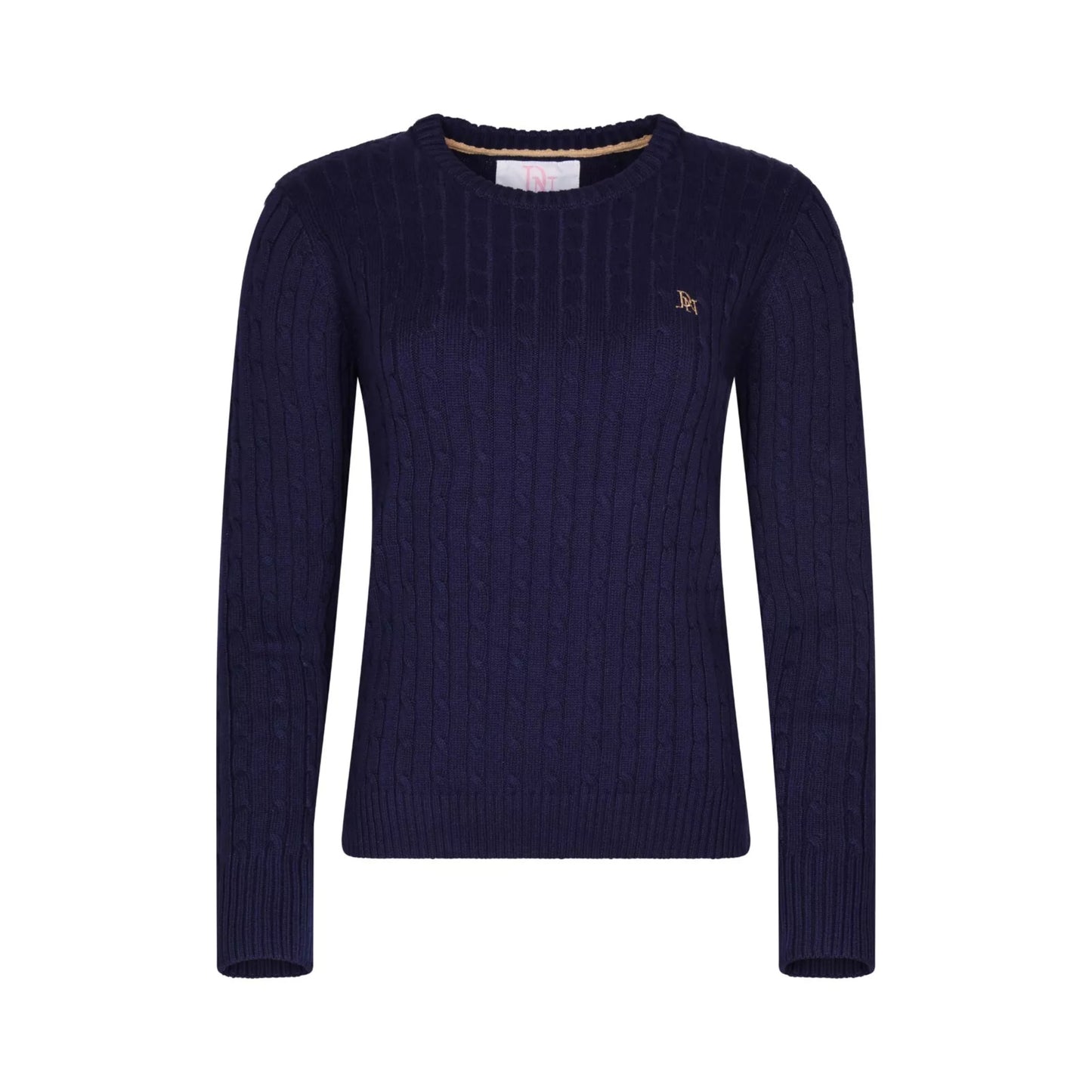 Ladies JDN navy blue round-neck cable knit jumper with long sleeves and embroidered chest logo