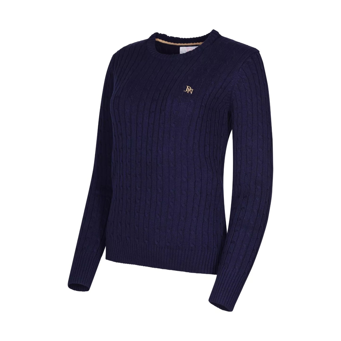 Ladies JDN navy blue round-neck cable knit jumper with long sleeves and embroidered chest logo