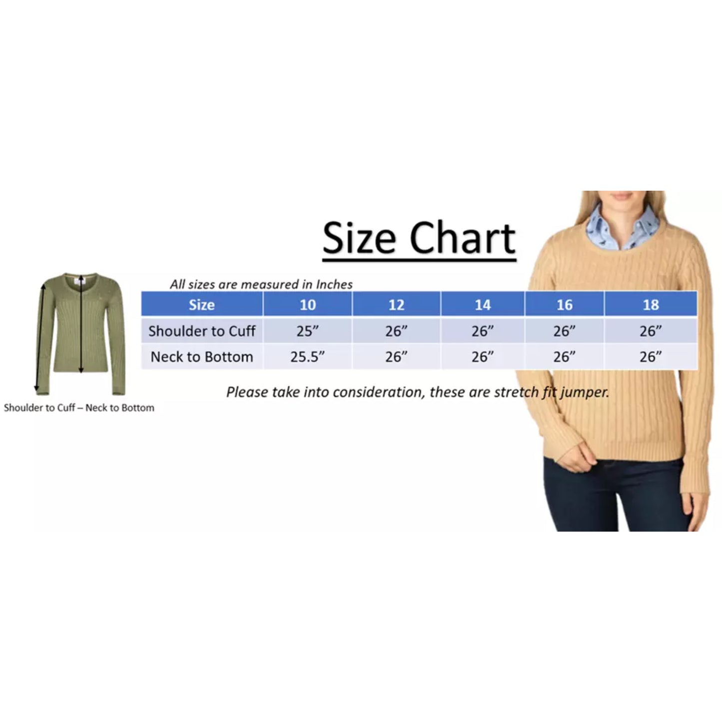 Ladies JDN round-neck cable knit jumper with long sleeves and embroidered chest logo