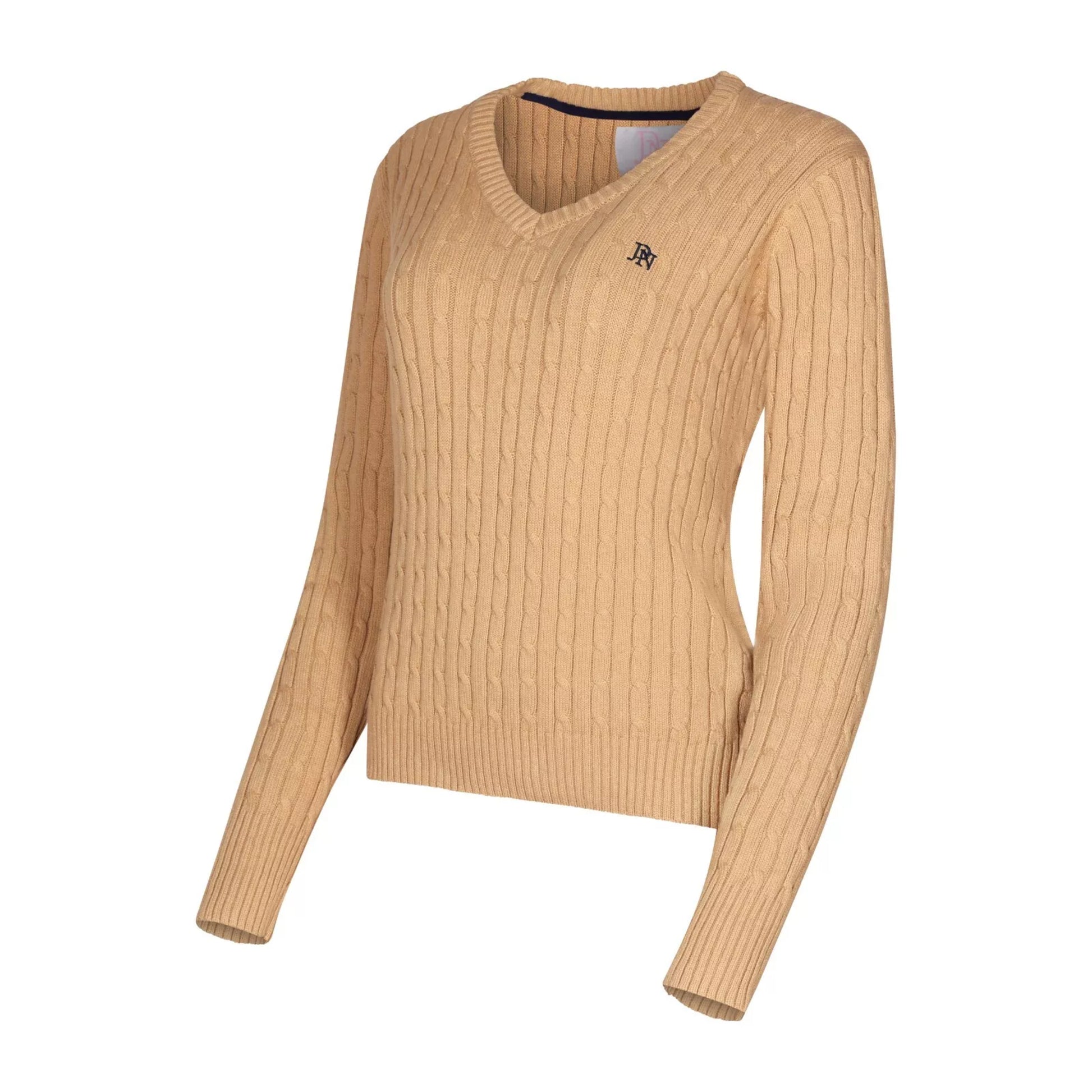 Ladies JDN beige V-neck cable knit jumper with long sleeves and embroidered chest logo