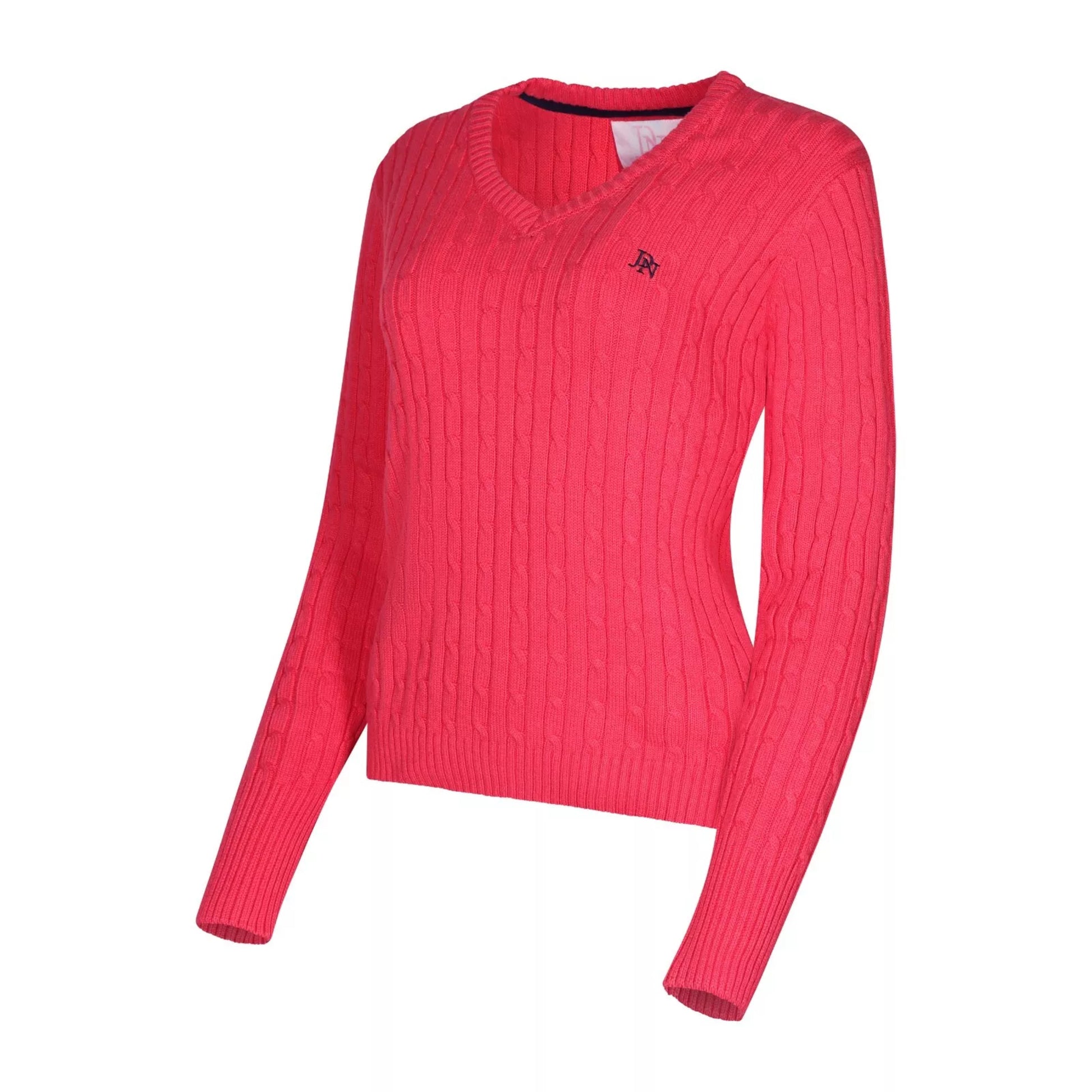 Ladies JDN cherry V-neck cable knit jumper with long sleeves and embroidered chest logo