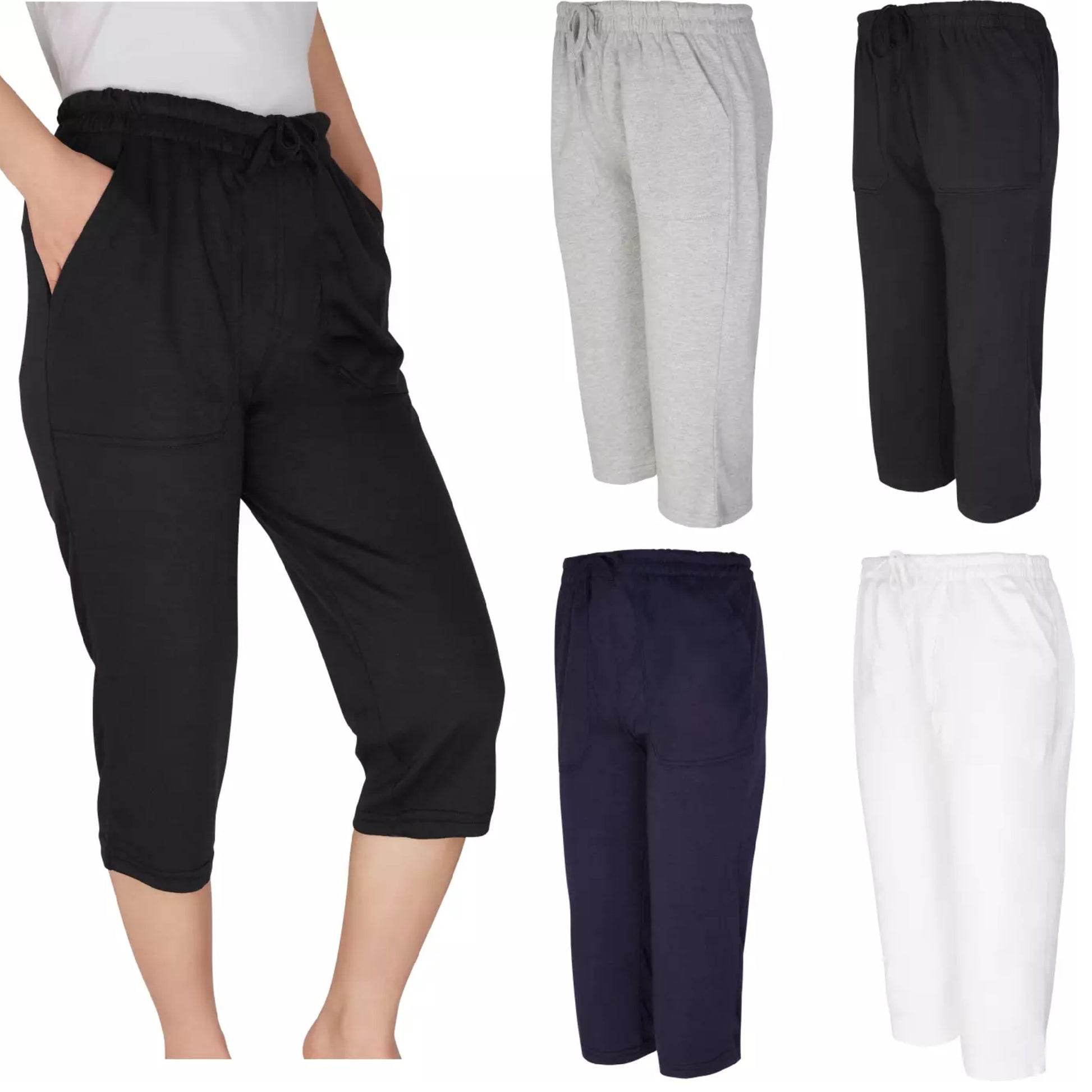 Nicky Adams ladies knee length shorts with pockets – casual summer shorts in black, grey, navy, and white.