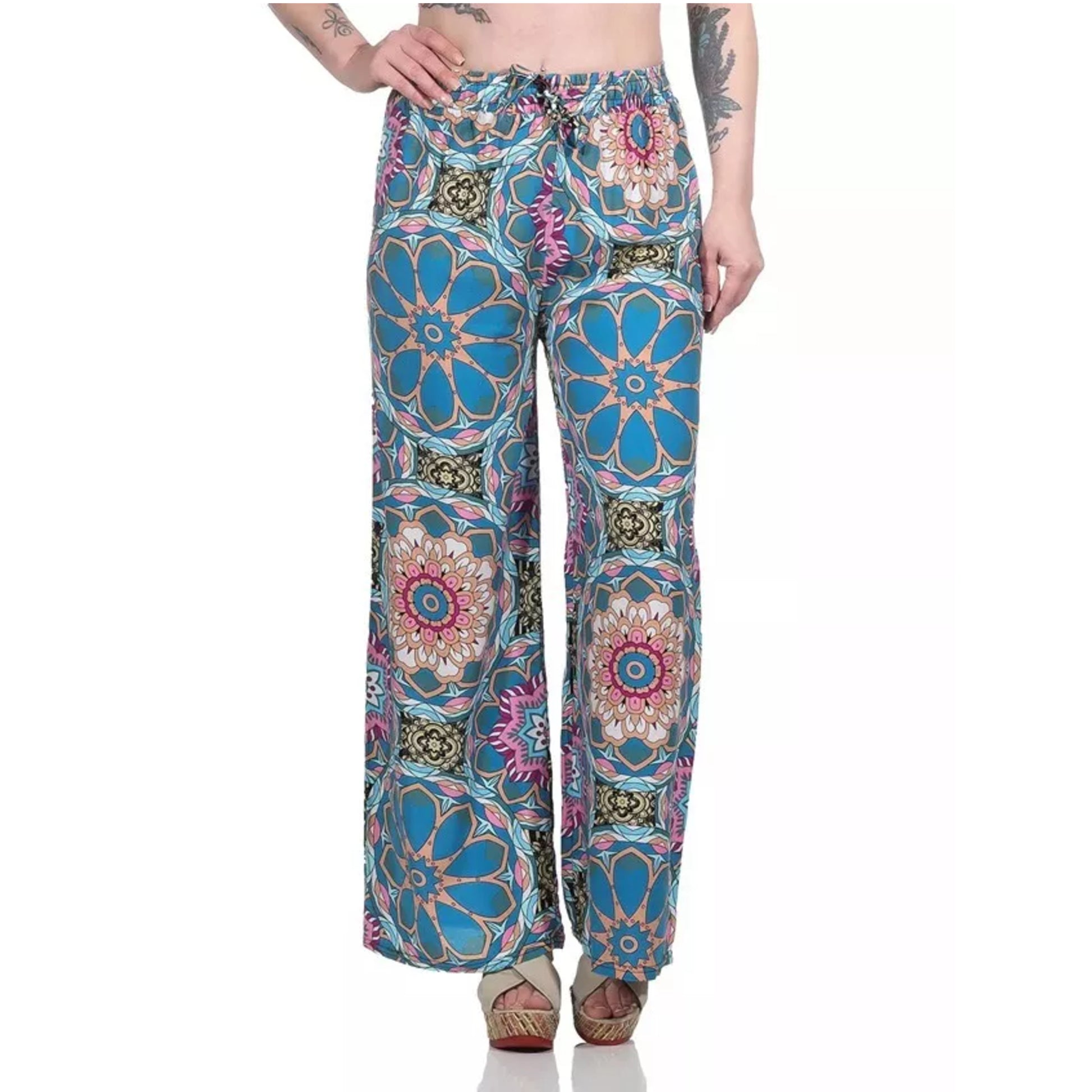 Ladies loose fit palazzo trousers wide leg boho style pants with multicolour floral mandala print high waist drawstring summer fashion