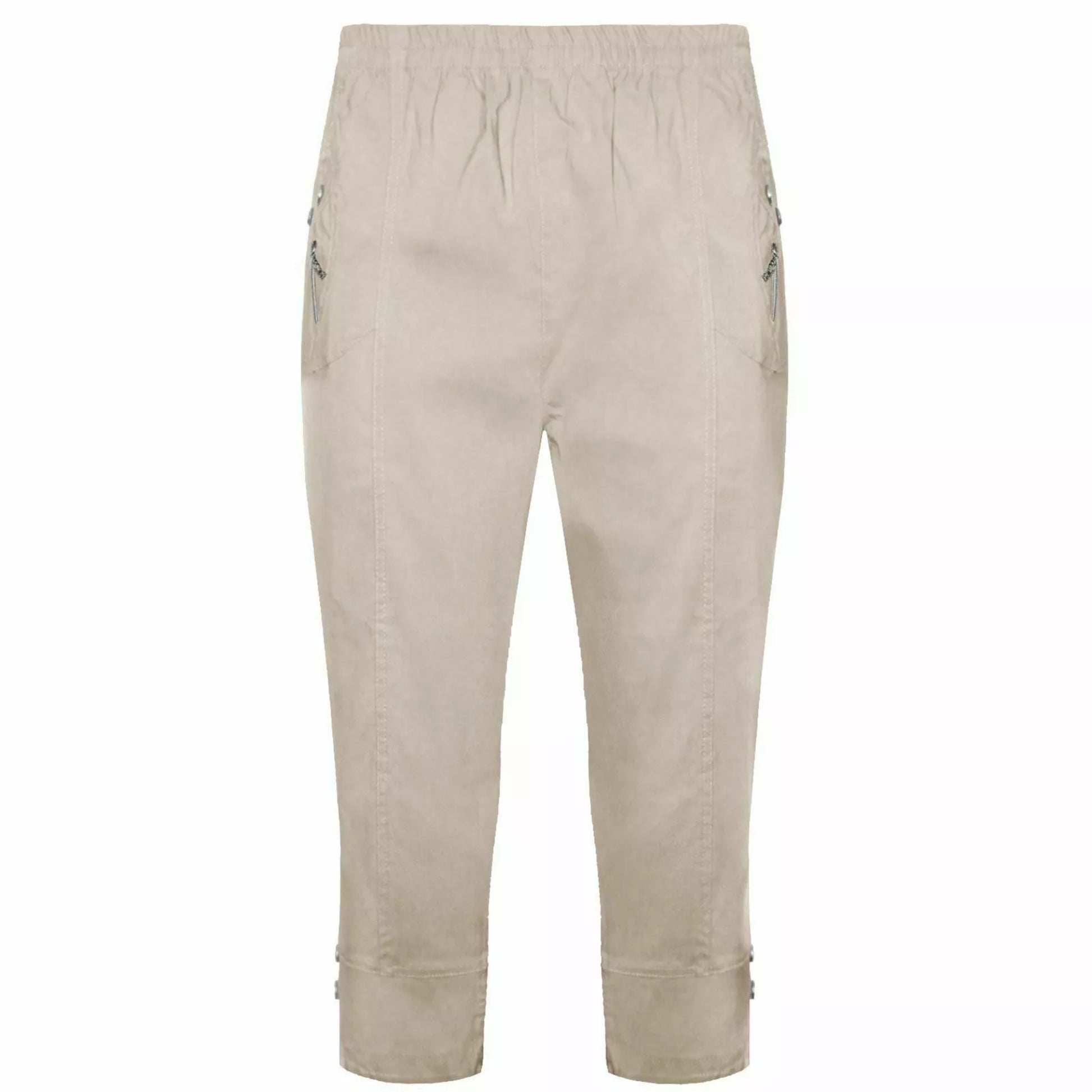 Ladies beige 3/4 cropped trousers with zip pocket and button detail summer fashion