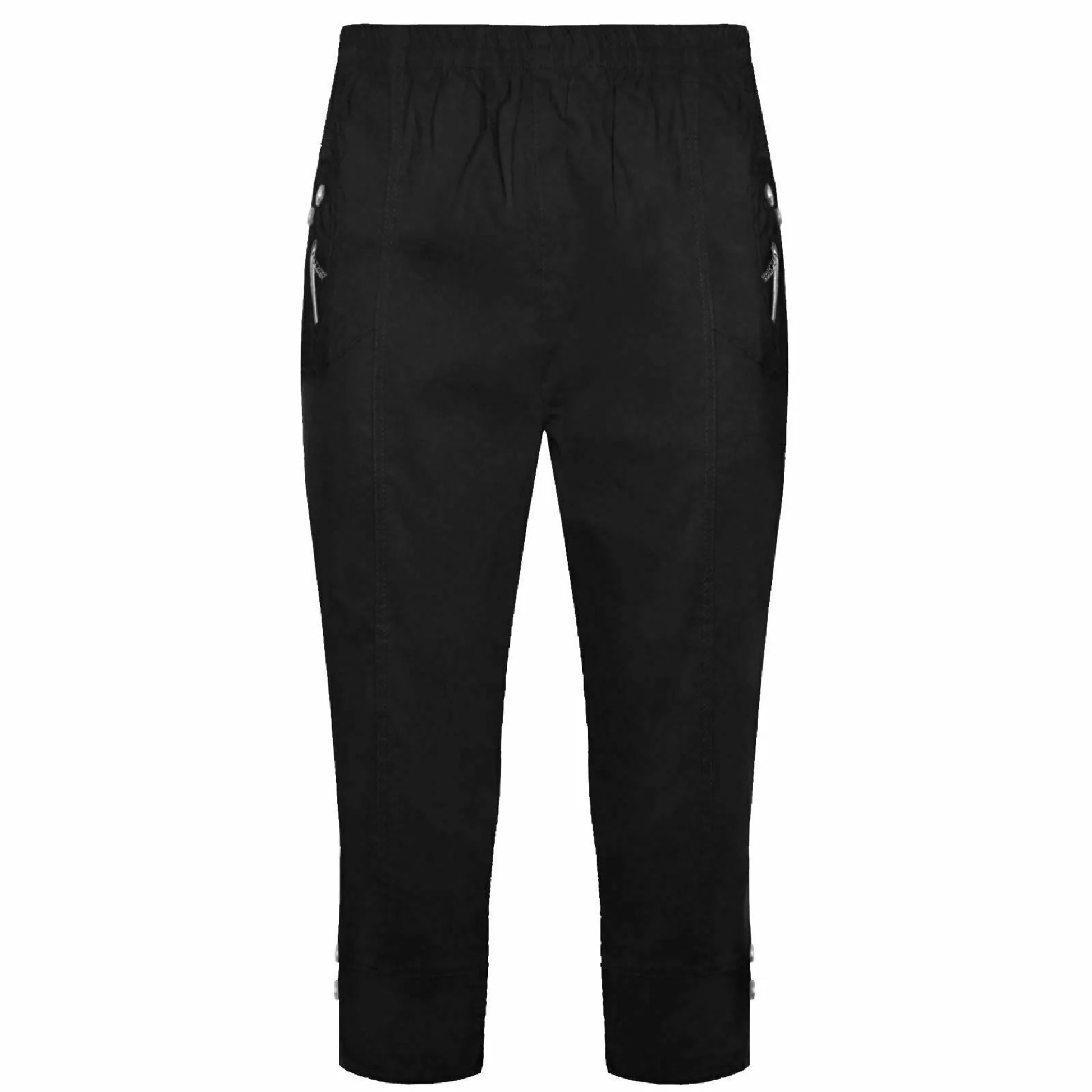Ladies black 3/4 cropped trousers with zip pocket and button detail summer fashion