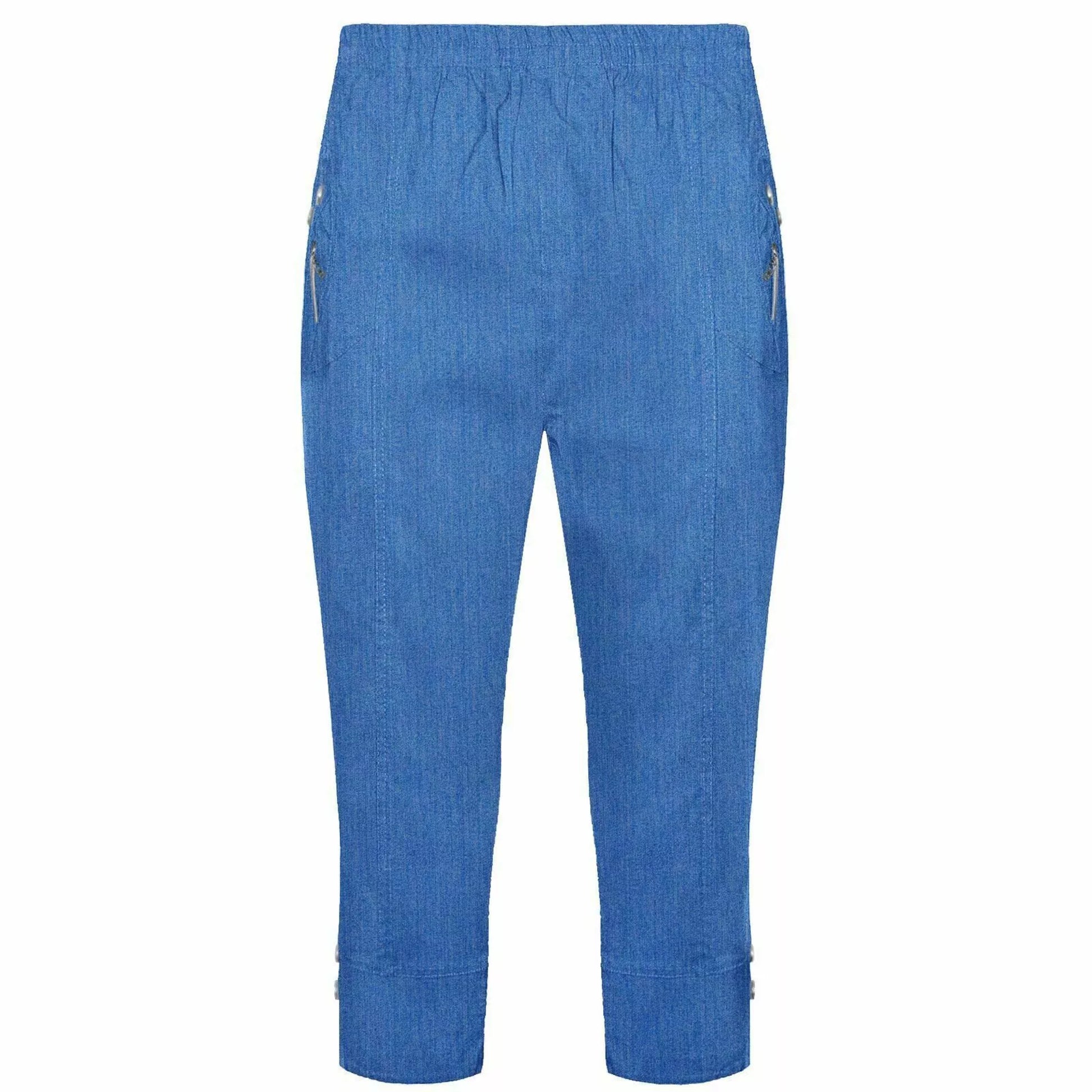 Ladies denim blue 3/4 cropped trousers with zip pocket and button detail summer fashion