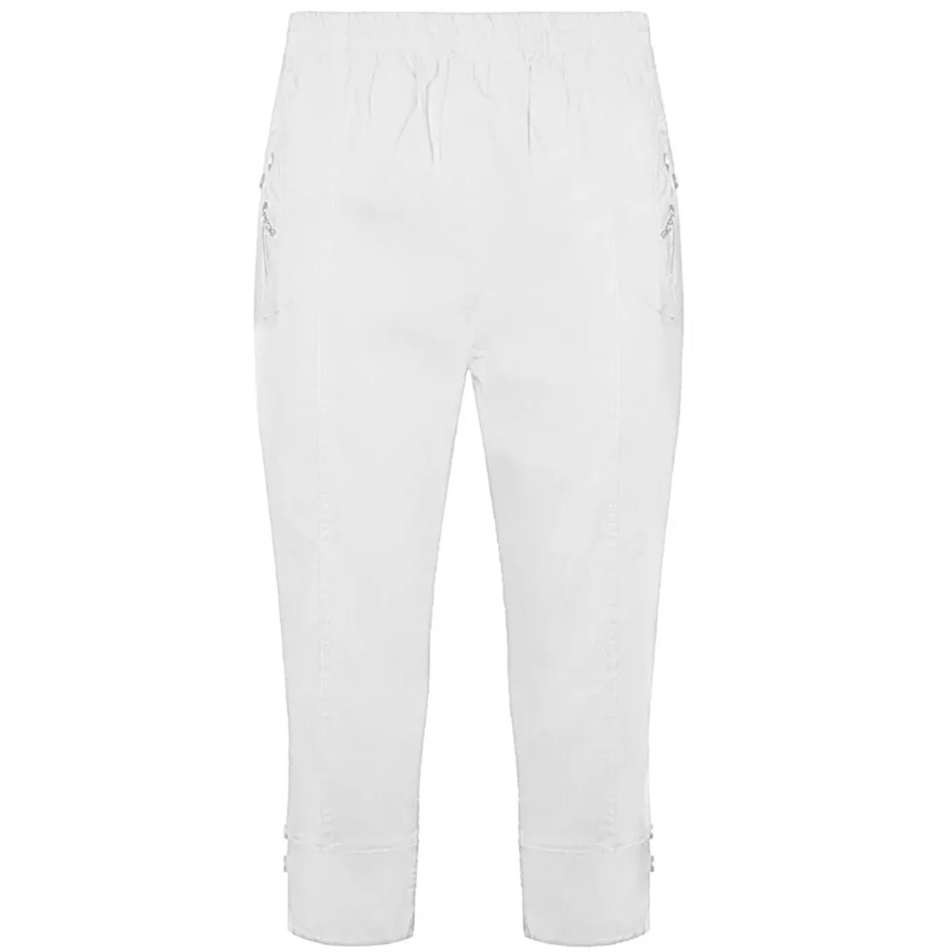 Ladies white 3/4 cropped trousers with zip pocket and button detail summer fashion