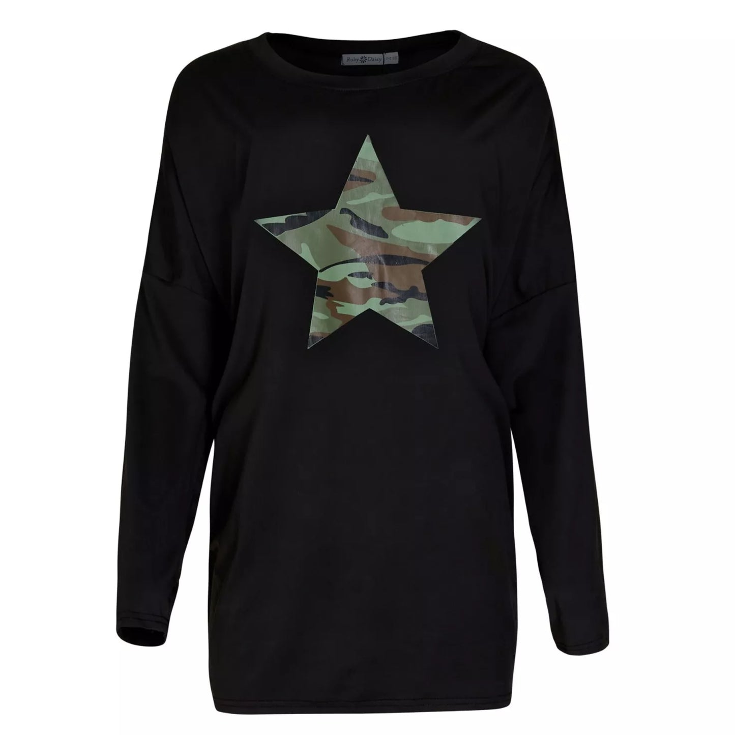 Women’s oversized black top with camo star print – casual long sleeve shirt
