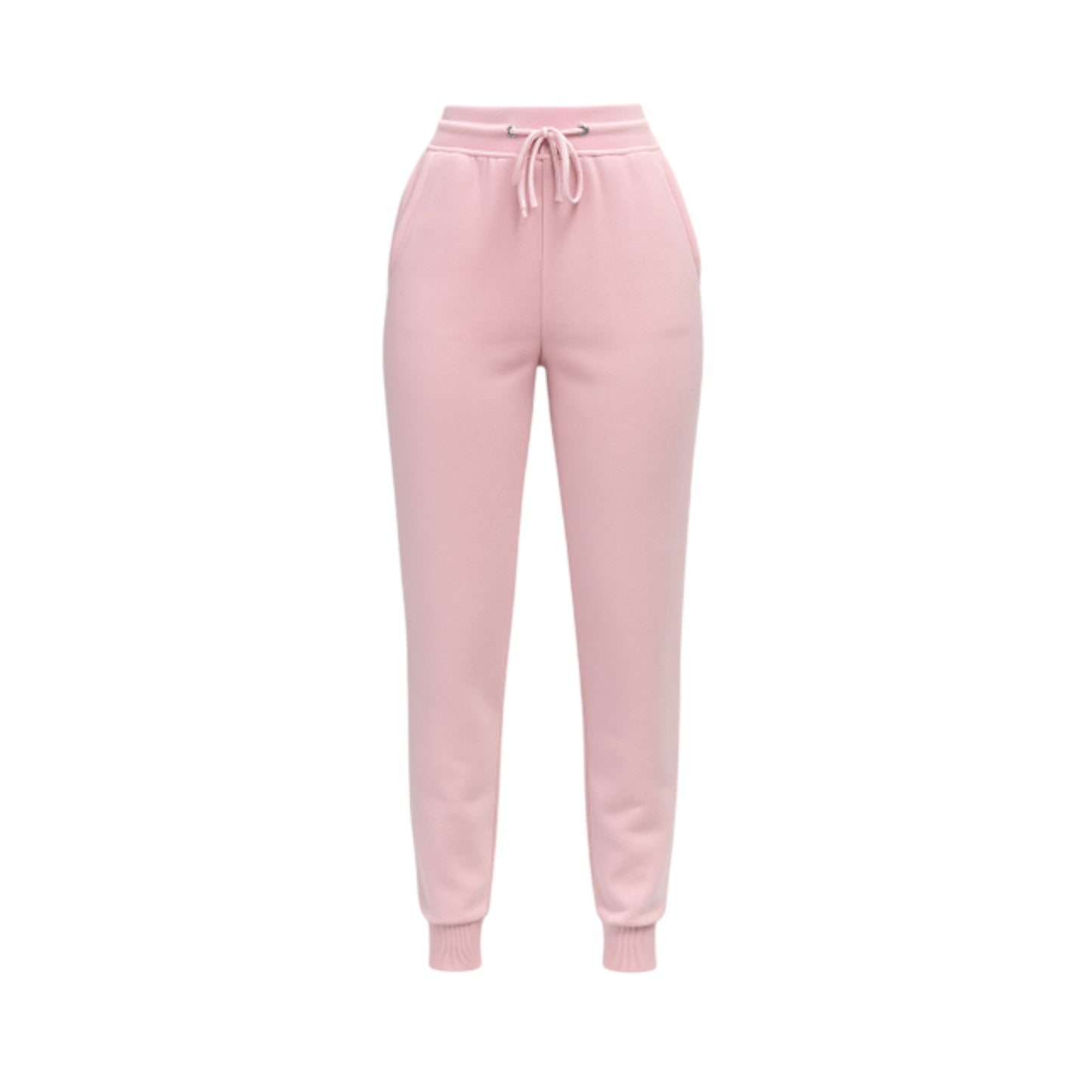 Women’s pink high-waisted joggers with drawstring waist and cuffed ankles – soft loungewear trousers
