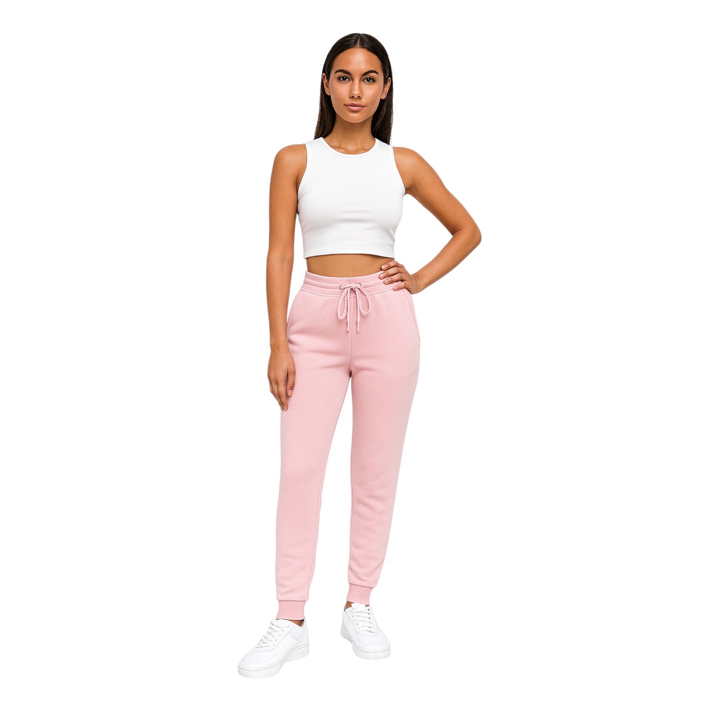 Women’s pink high-waisted joggers with drawstring waist and cuffed ankles – soft loungewear trousers