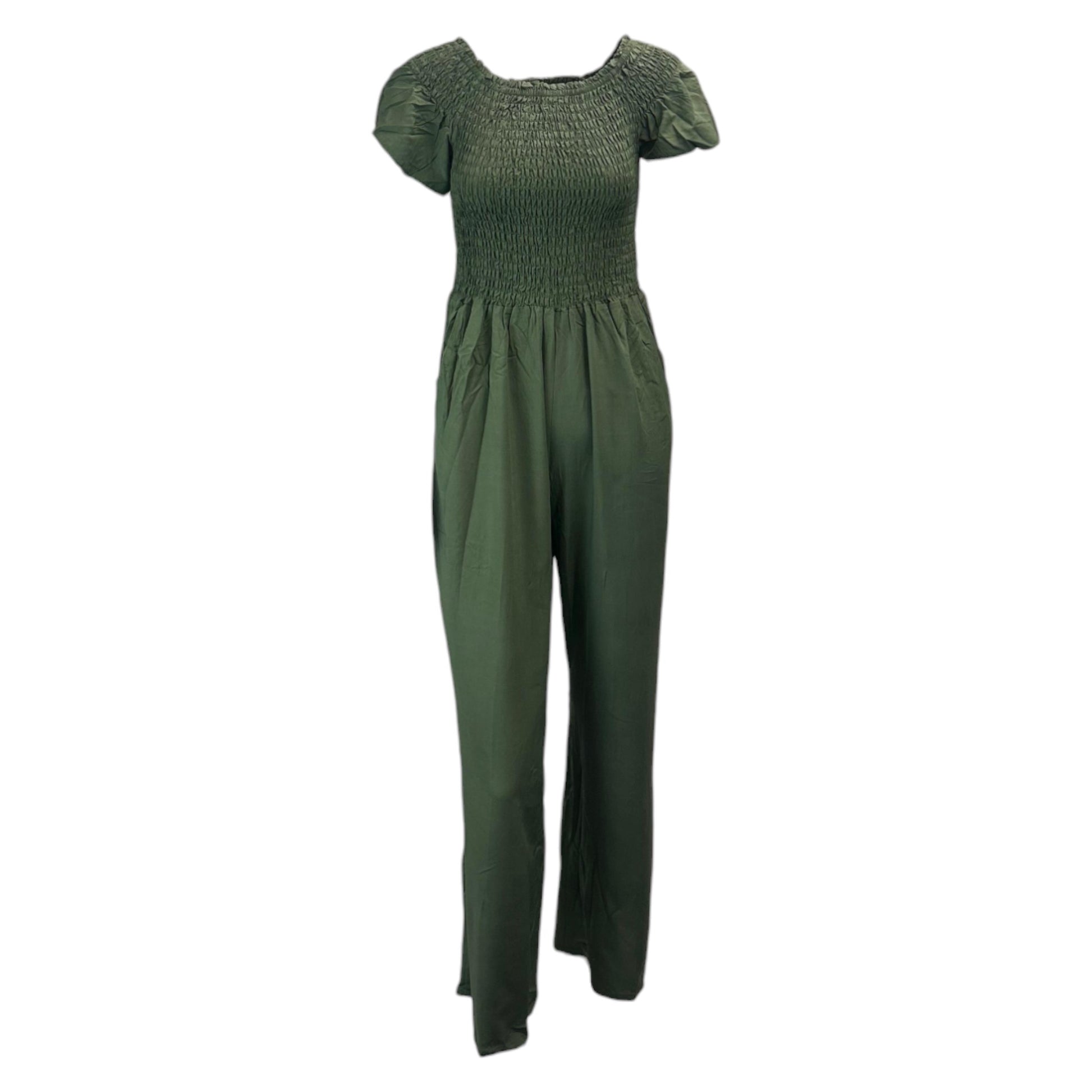 Khaki Green women's shirred jumpsuit with puff sleeves and wide-leg cropped