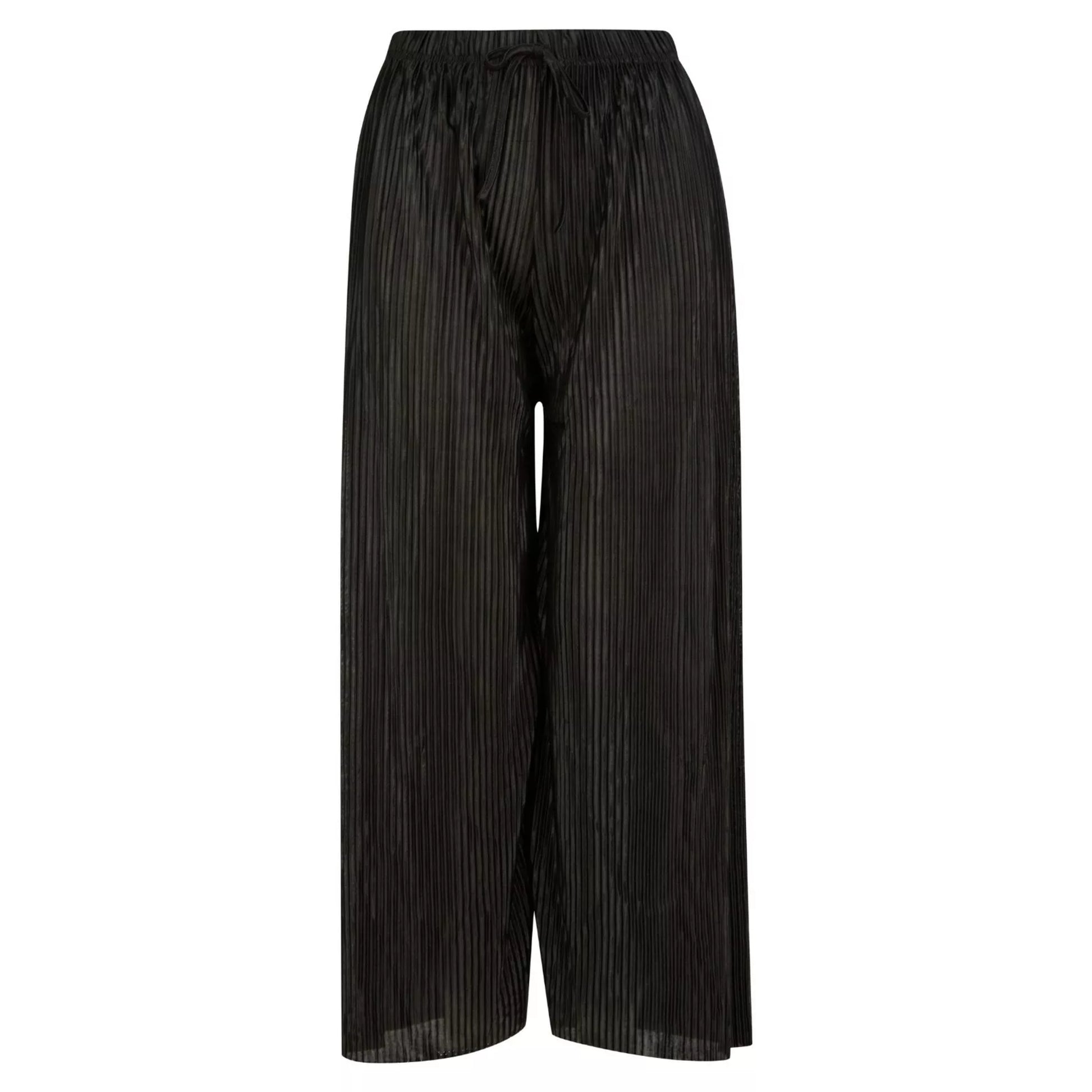 Ladies soft touch cropped trousers in black – lightweight wide leg casual pants with elasticated drawstring waist.