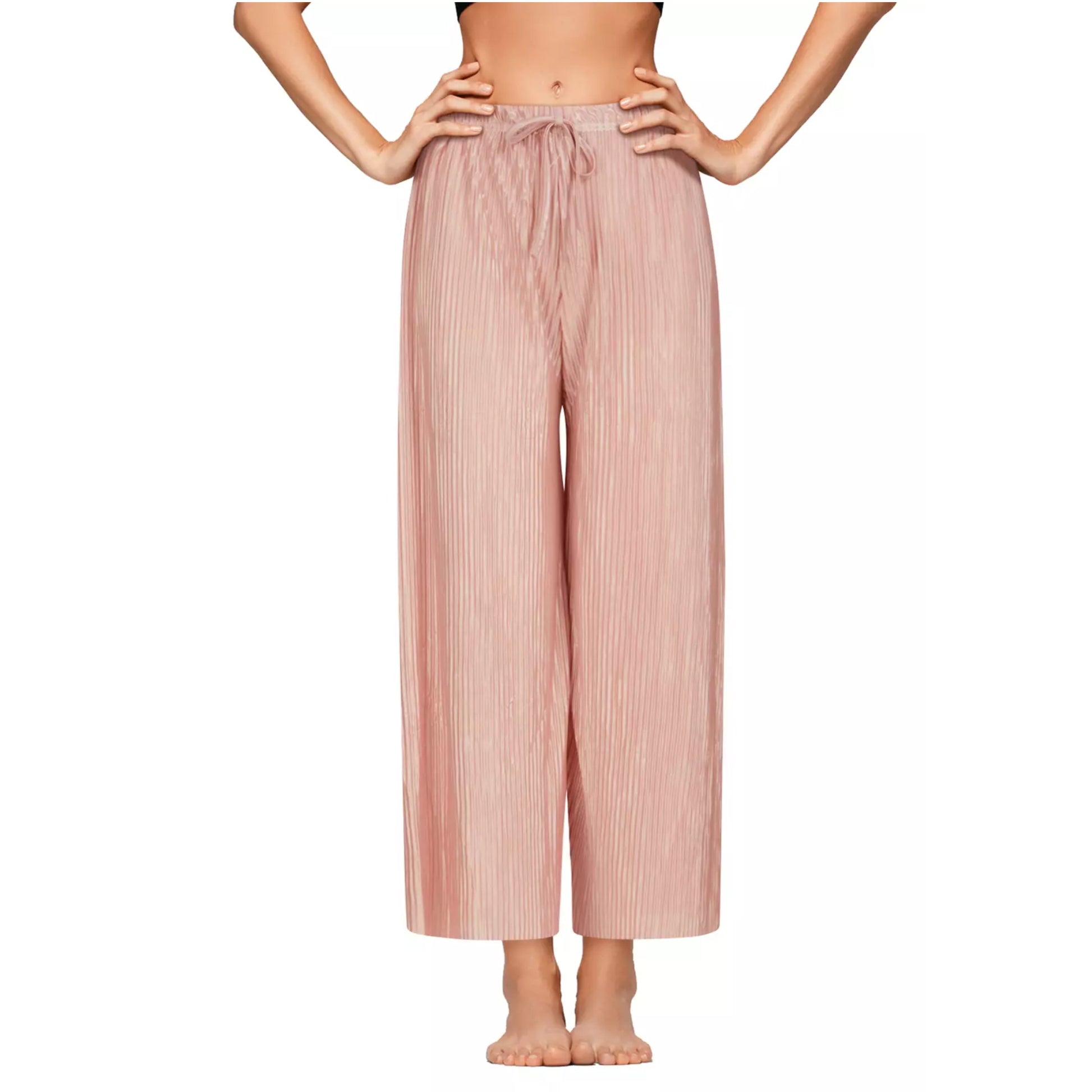 Ladies soft touch cropped trousers in dusty pink – lightweight wide leg casual pants with elasticated drawstring waist.