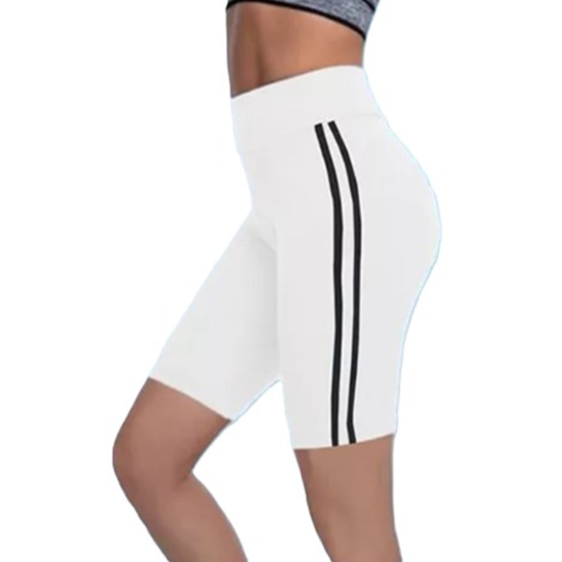 Ladies plus size high-waisted cycling shorts – striped side panel in white