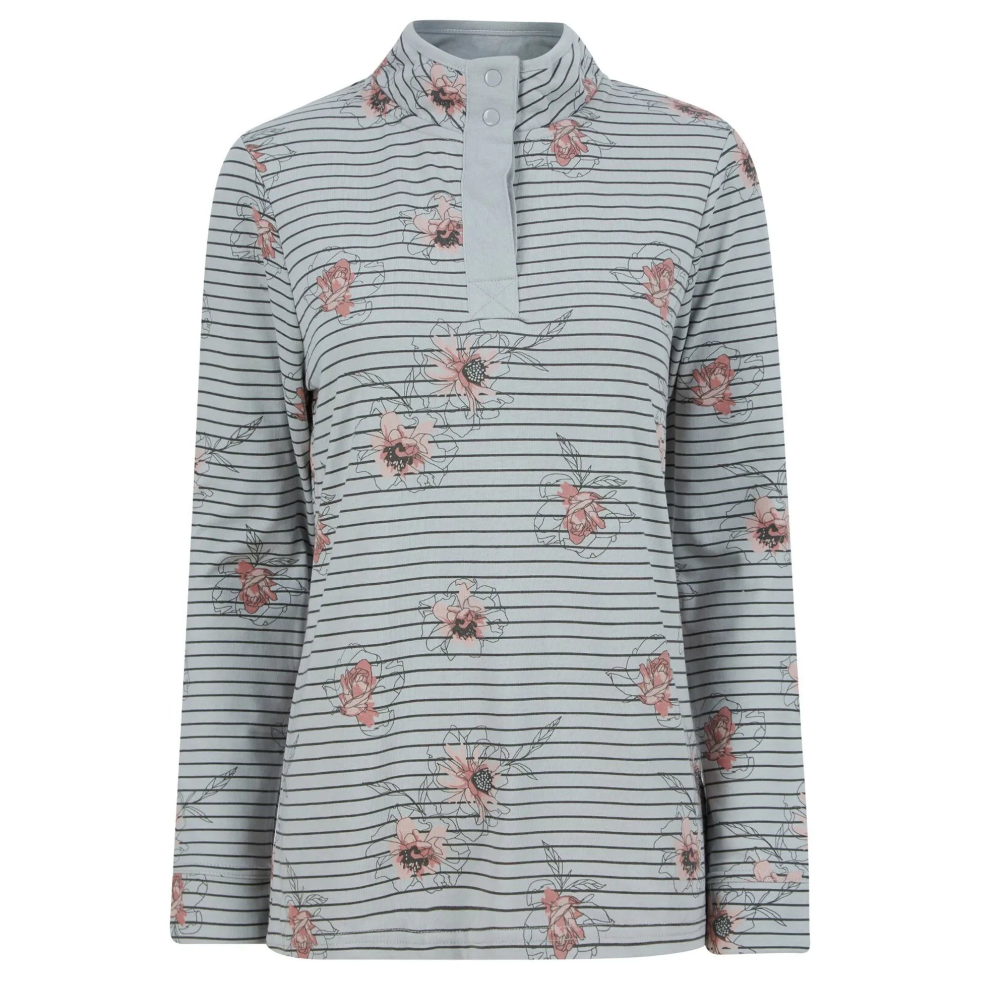 Women's grey long sleeve pullover with black stripes, floral print, and button-up stand collar.