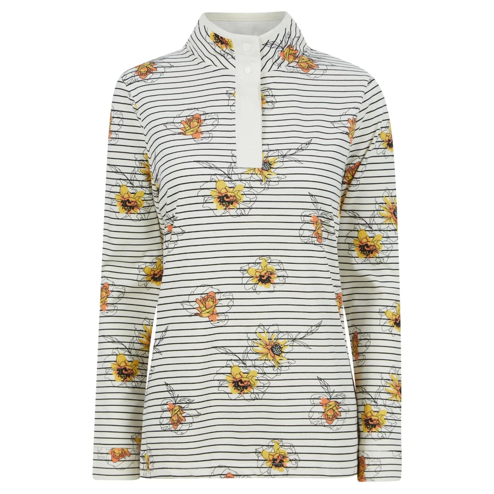 Women's white long sleeve pullover with black stripes, yellow floral print, and button-up stand collar.