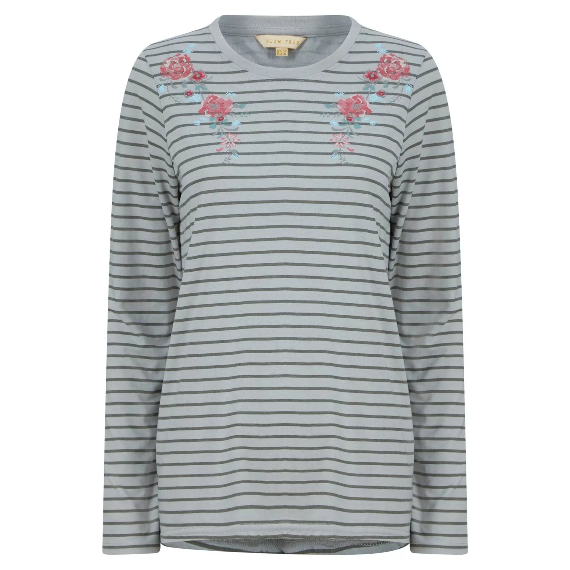 Women's grey long sleeve top with horizontal stripes and pink floral embroidery on chest.