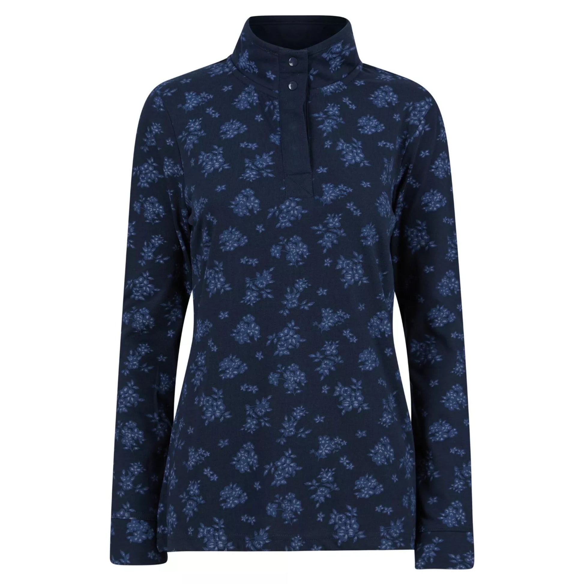 Women's navy blue long sleeve pullover with floral print and button-up stand collar.
