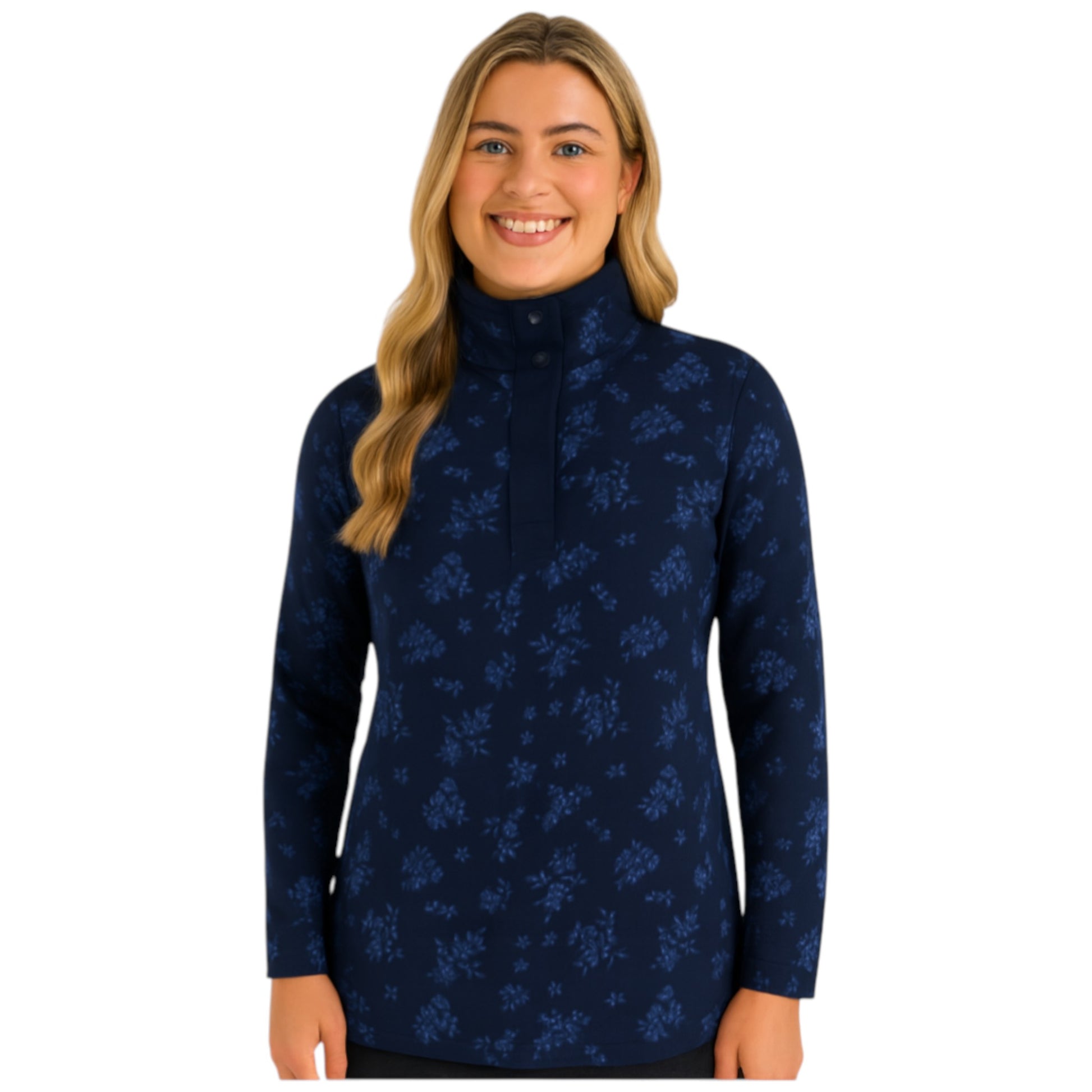 Women's navy blue long sleeve pullover with floral print and button-up stand collar.