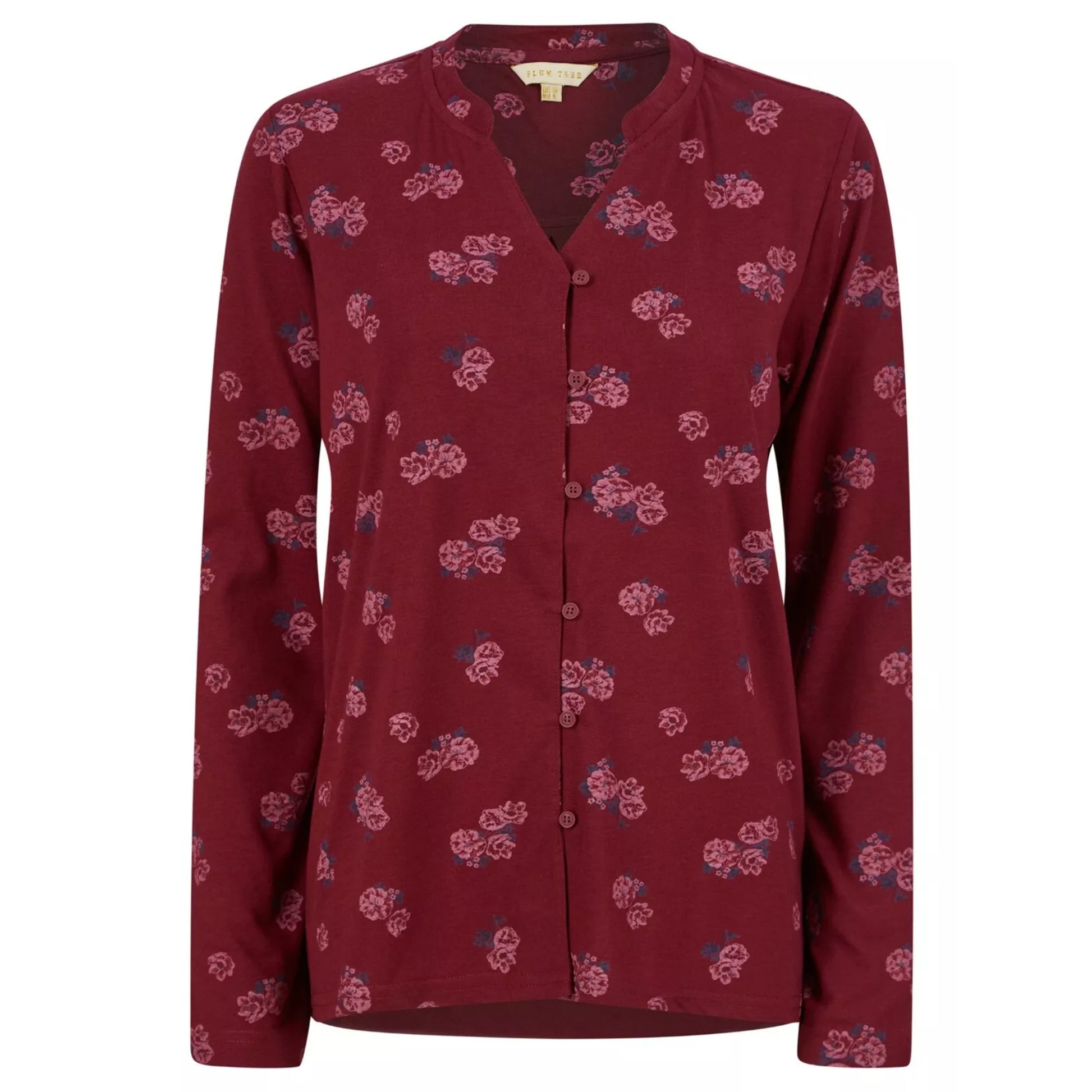 Women's burgundy long sleeve button-up top with pink floral print and v-neckline.