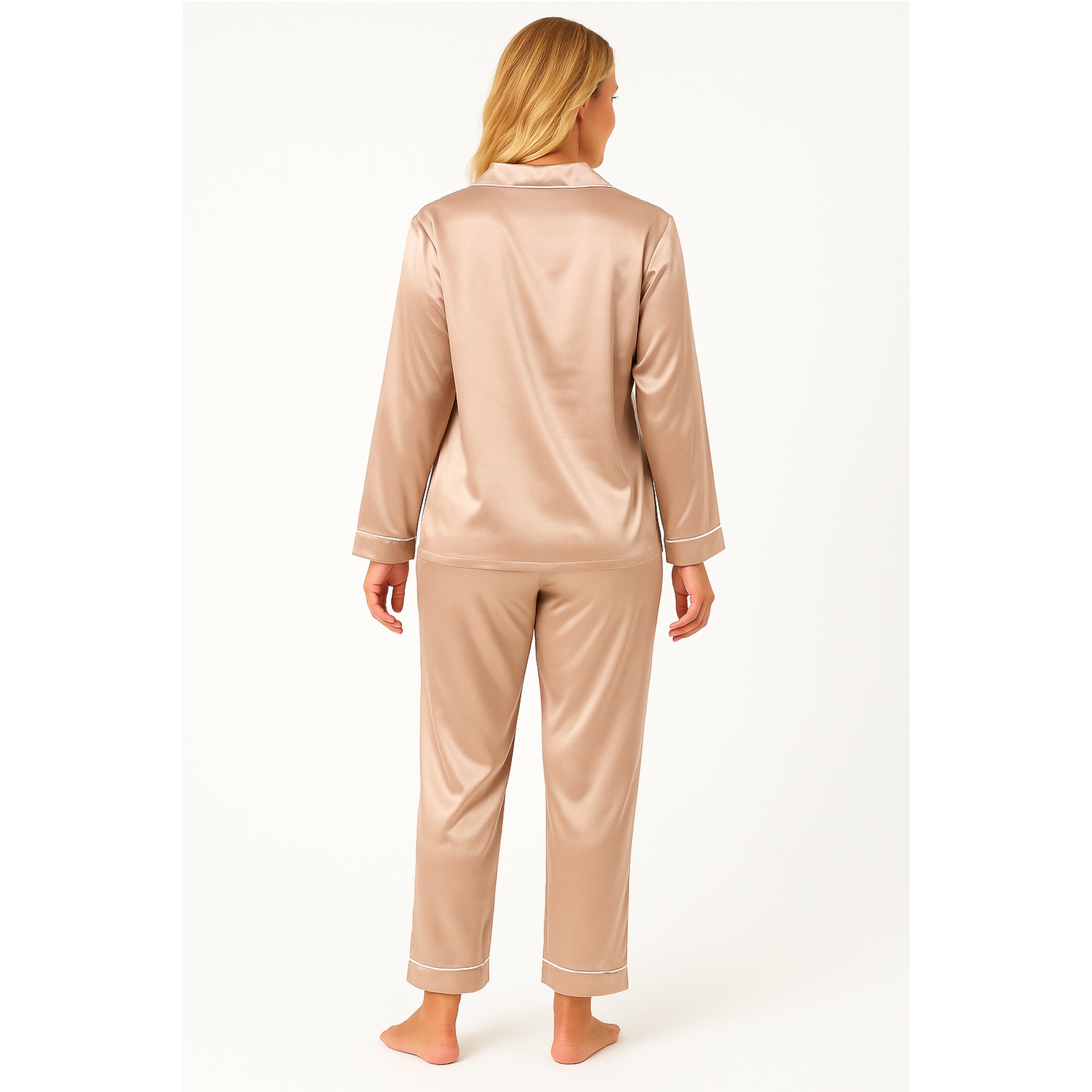Women's soft silky touch satin pyjama set in Beige with black piping, long sleeve button-up top and matching full-length trousers, comfortable nightwear