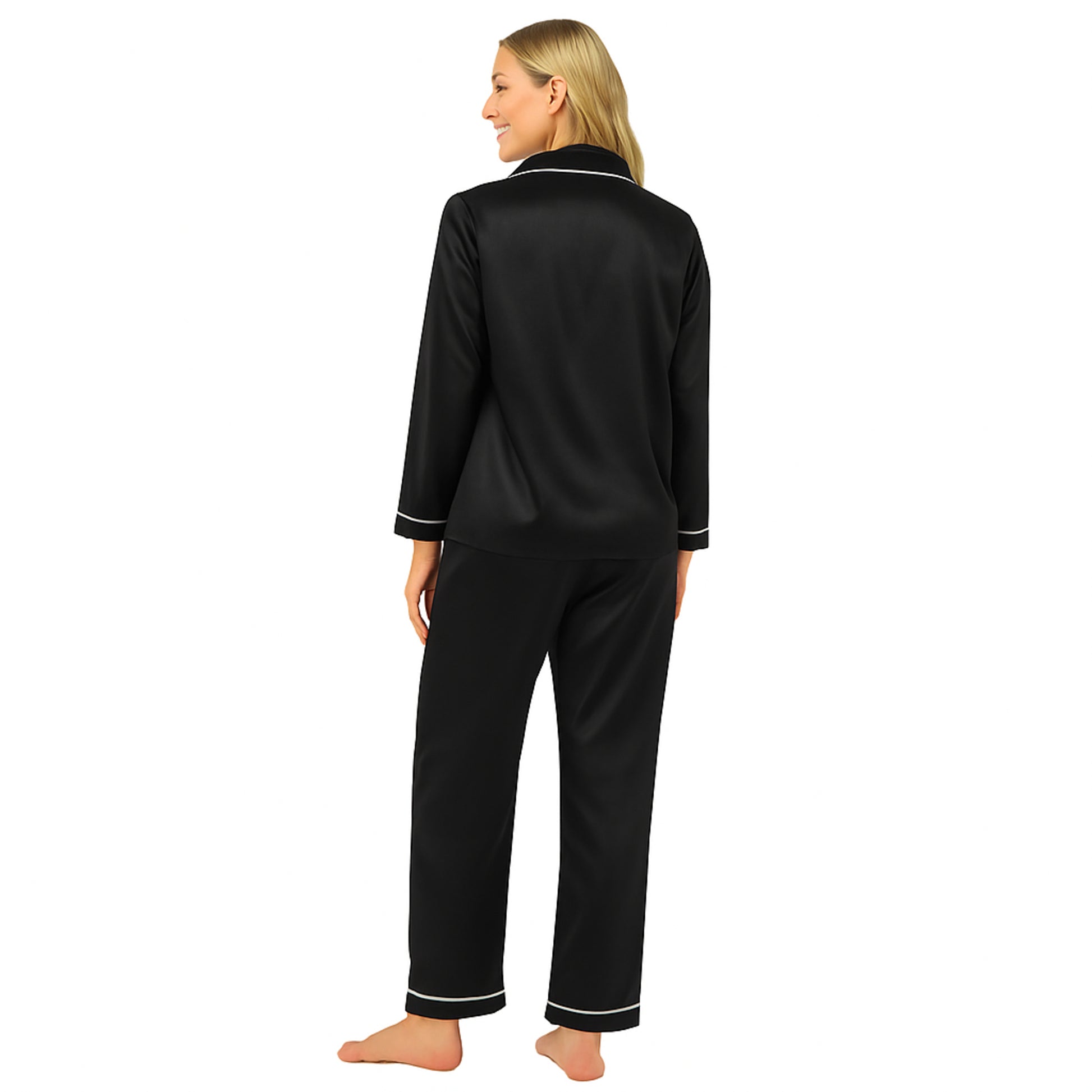 Women's soft silky touch satin pyjama set in Black with black piping, long sleeve button-up top and matching full-length trousers, comfortable nightwear