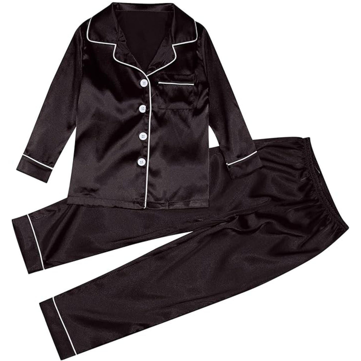 Women's soft silky touch satin pyjama set in Black with black piping, long sleeve button-up top and matching full-length trousers, comfortable nightwear