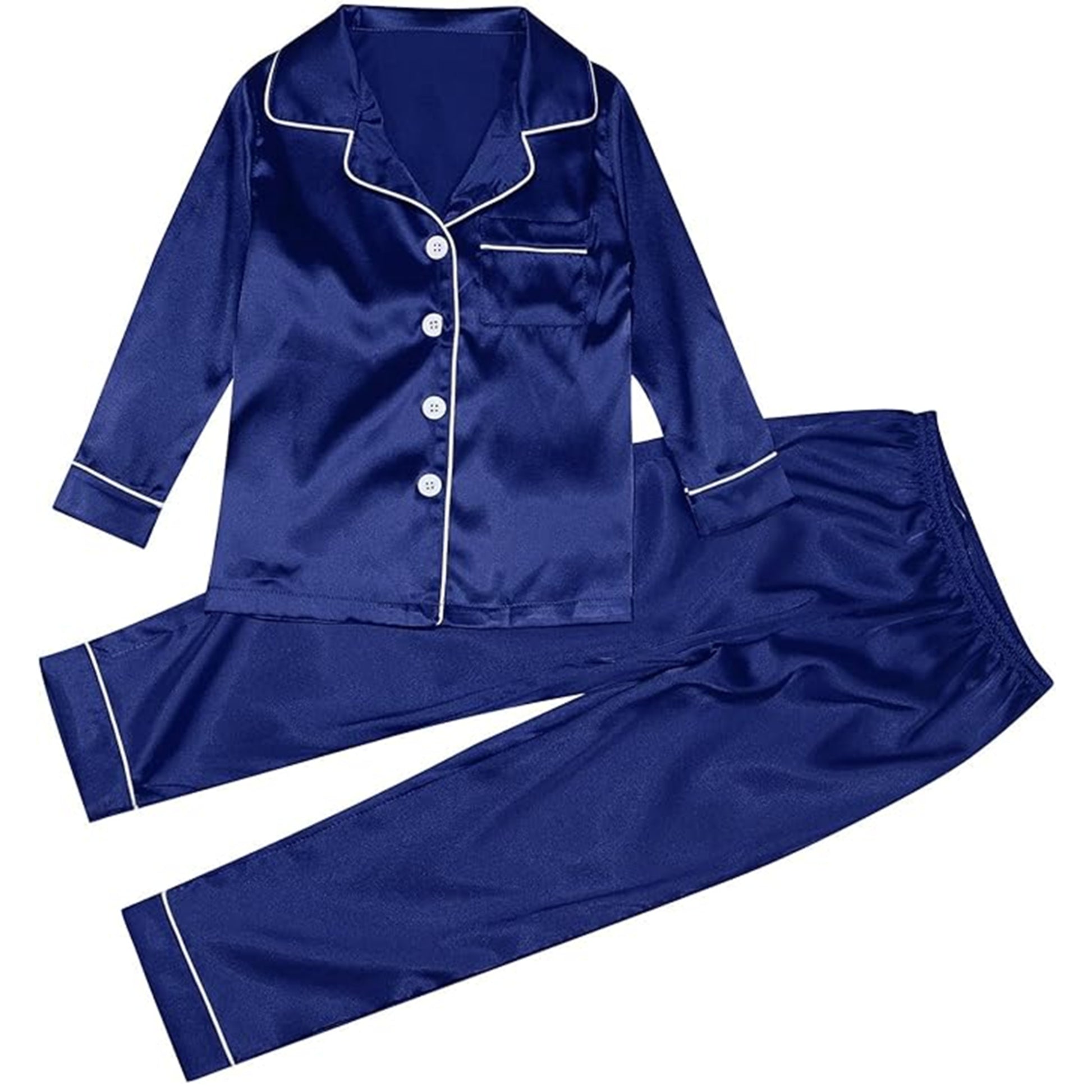 Women's soft silky touch satin pyjama set in navy with black piping, long sleeve button-up top and matching full-length trousers, comfortable nightwear