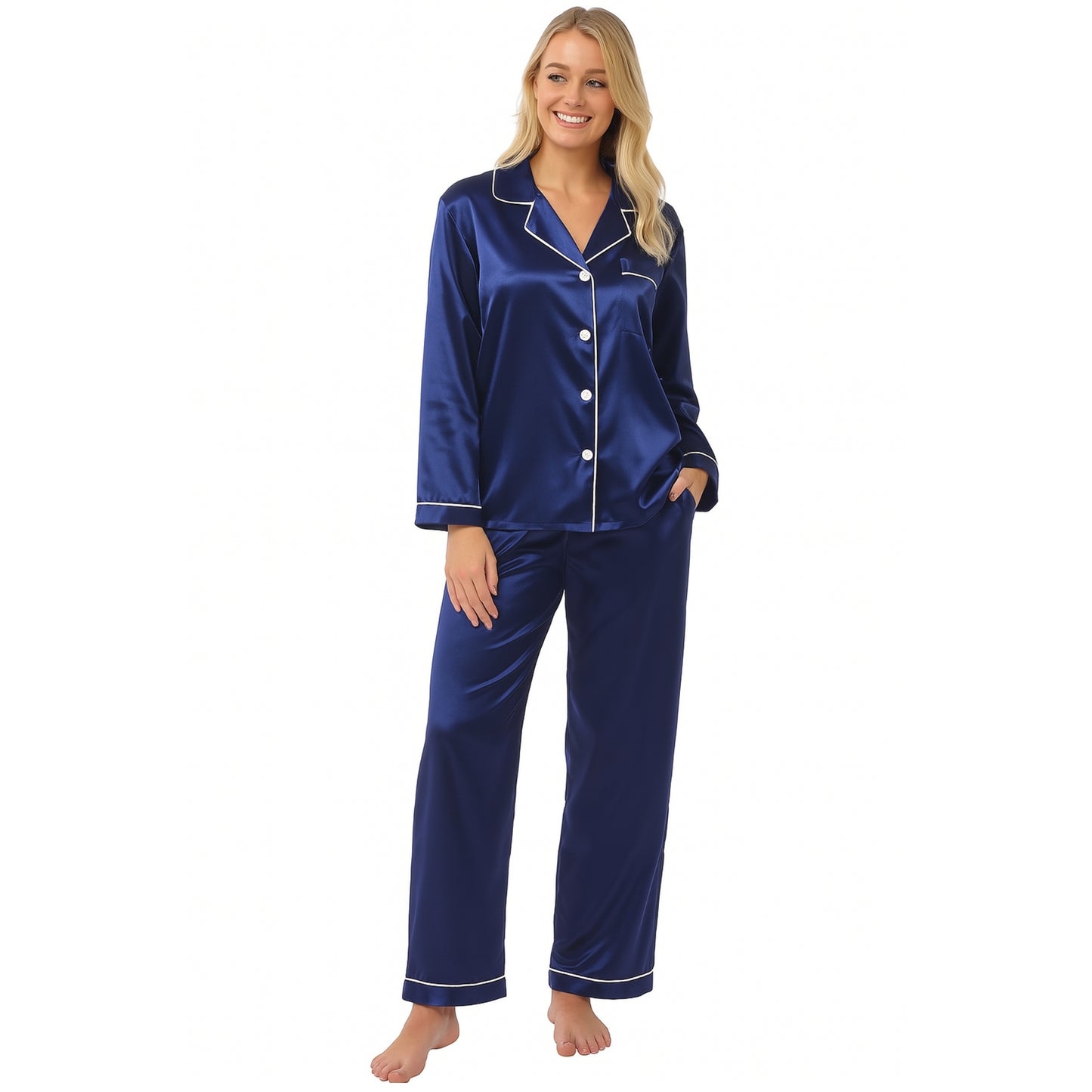 Women's soft silky touch satin pyjama set in navy with black piping, long sleeve button-up top and matching full-length trousers, comfortable nightwear