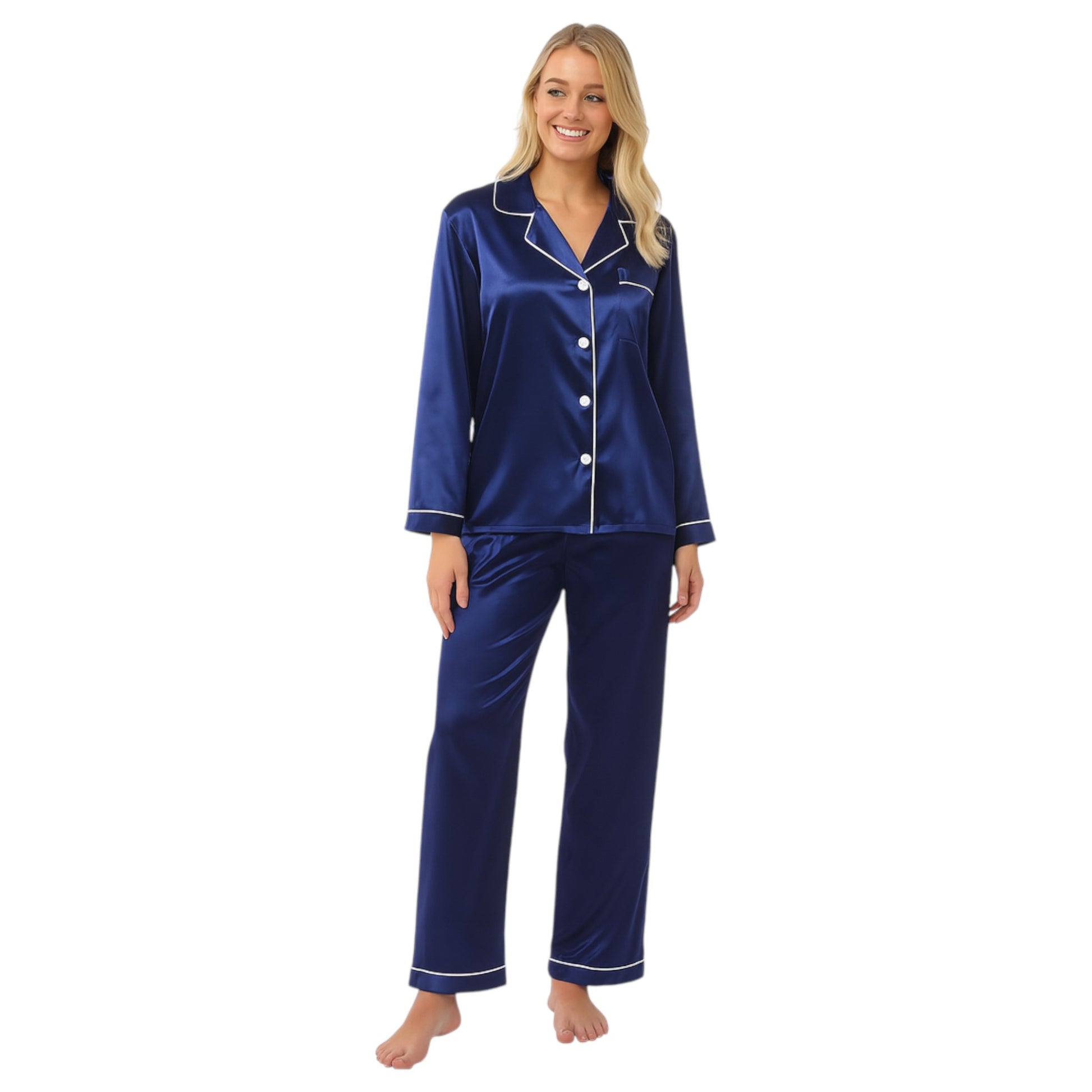 Women's soft silky touch satin pyjama set in navy with black piping, long sleeve button-up top and matching full-length trousers, comfortable nightwear