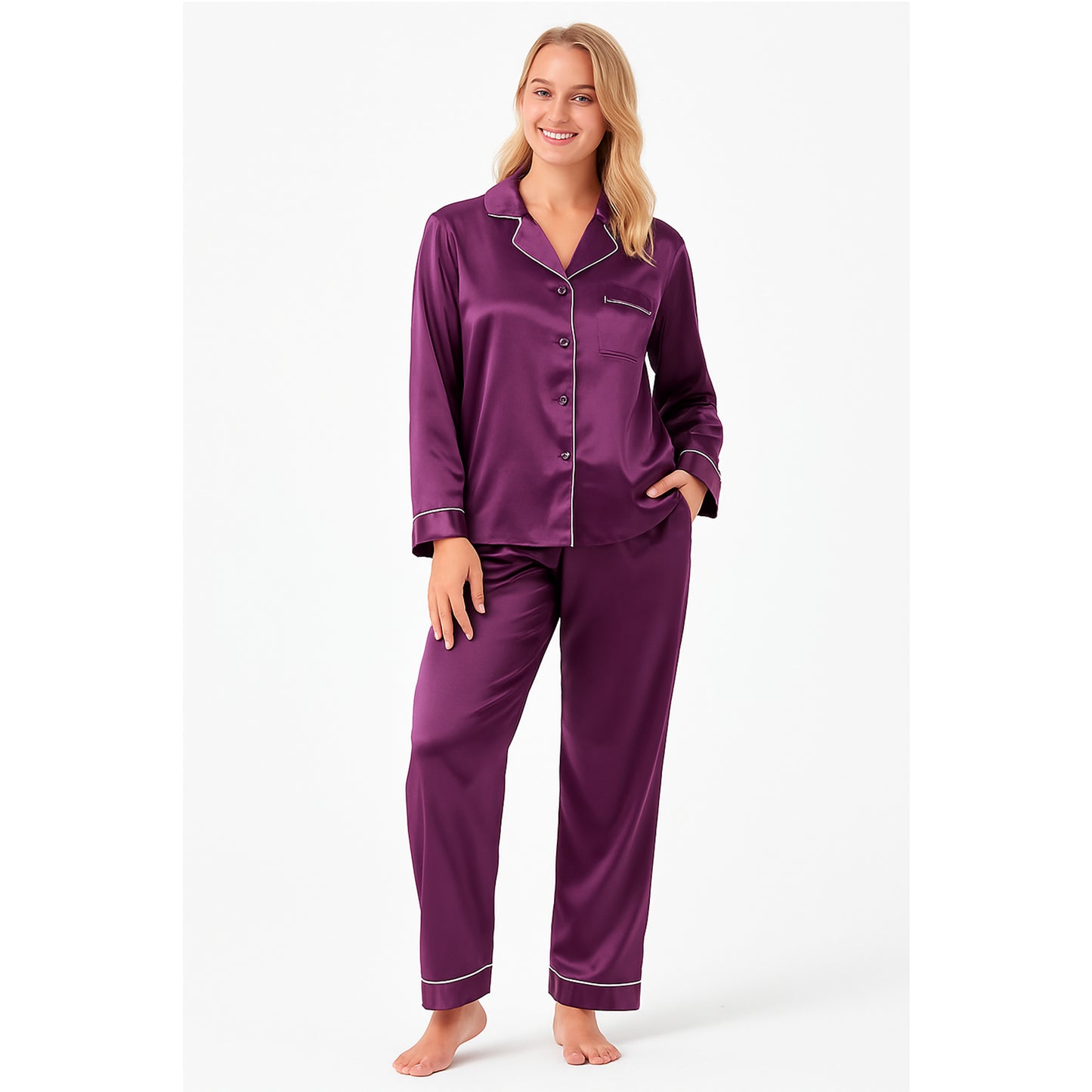 Women's soft silky touch satin pyjama set in purple with black piping, long sleeve button-up top and matching full-length trousers, comfortable nightwear