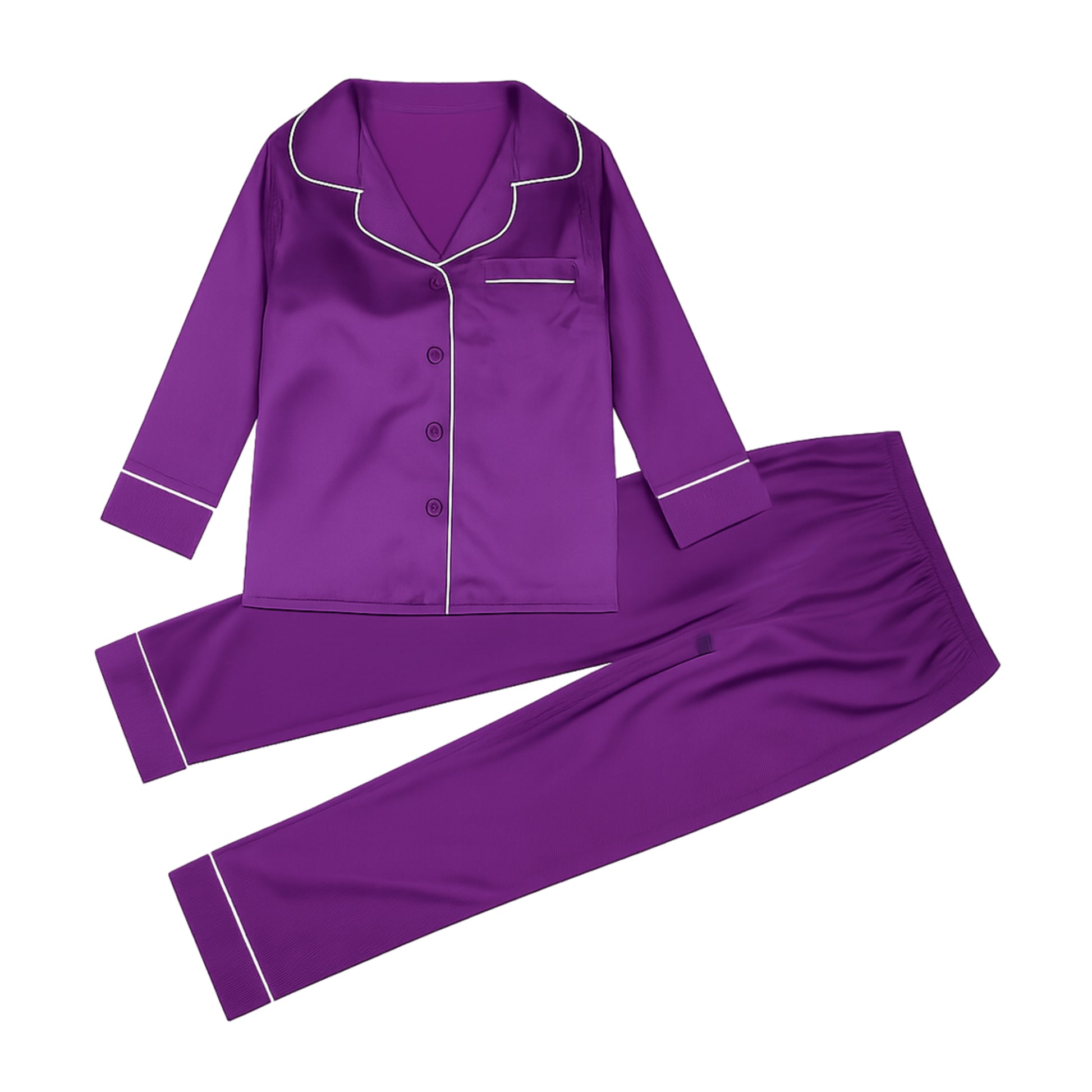 Women's soft silky touch satin pyjama set in purple with black piping, long sleeve button-up top and matching full-length trousers, comfortable nightwear