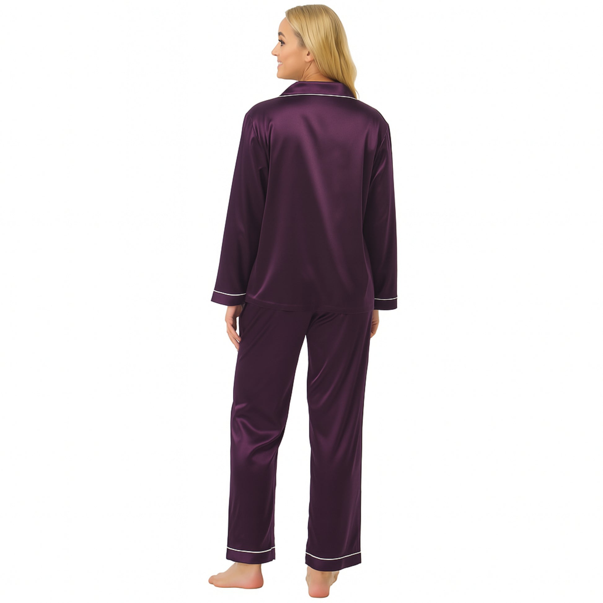 Women's soft silky touch satin pyjama set in purple with black piping, long sleeve button-up top and matching full-length trousers, comfortable nightwear