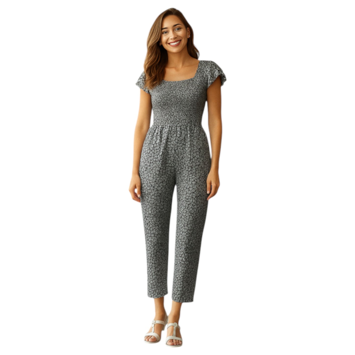Black floral women's jumpsuit with short sleeves and cropped legs โ lightweight summer outfit