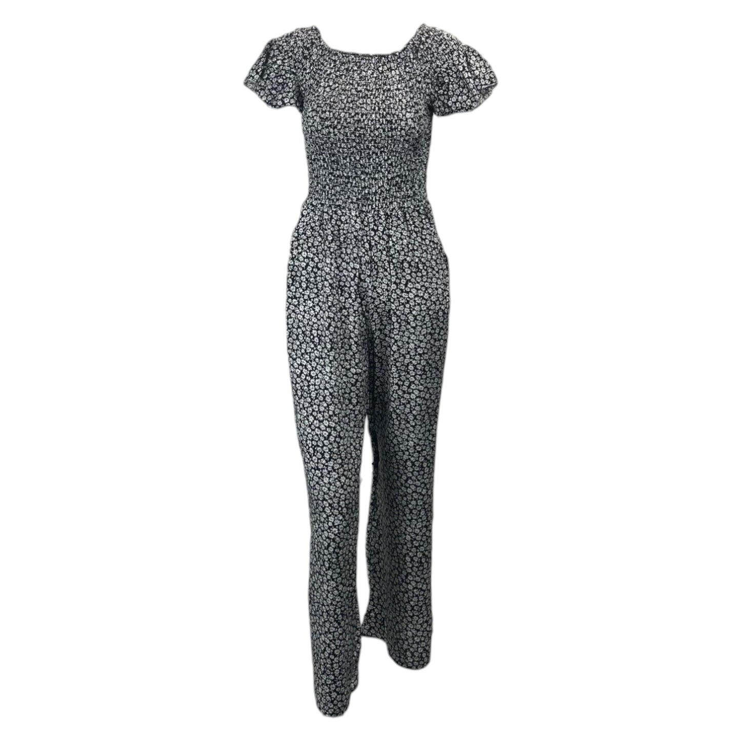 Black floral women's jumpsuit with short sleeves and cropped legs โ lightweight summer outfit