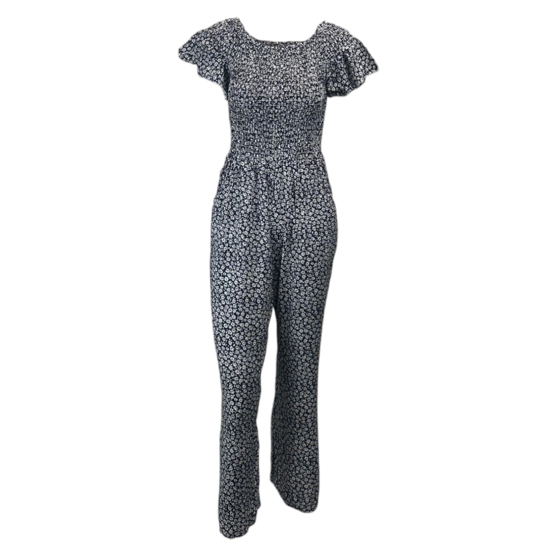 Navy floral women's jumpsuit with short sleeves and cropped legs โ lightweight summer outfit