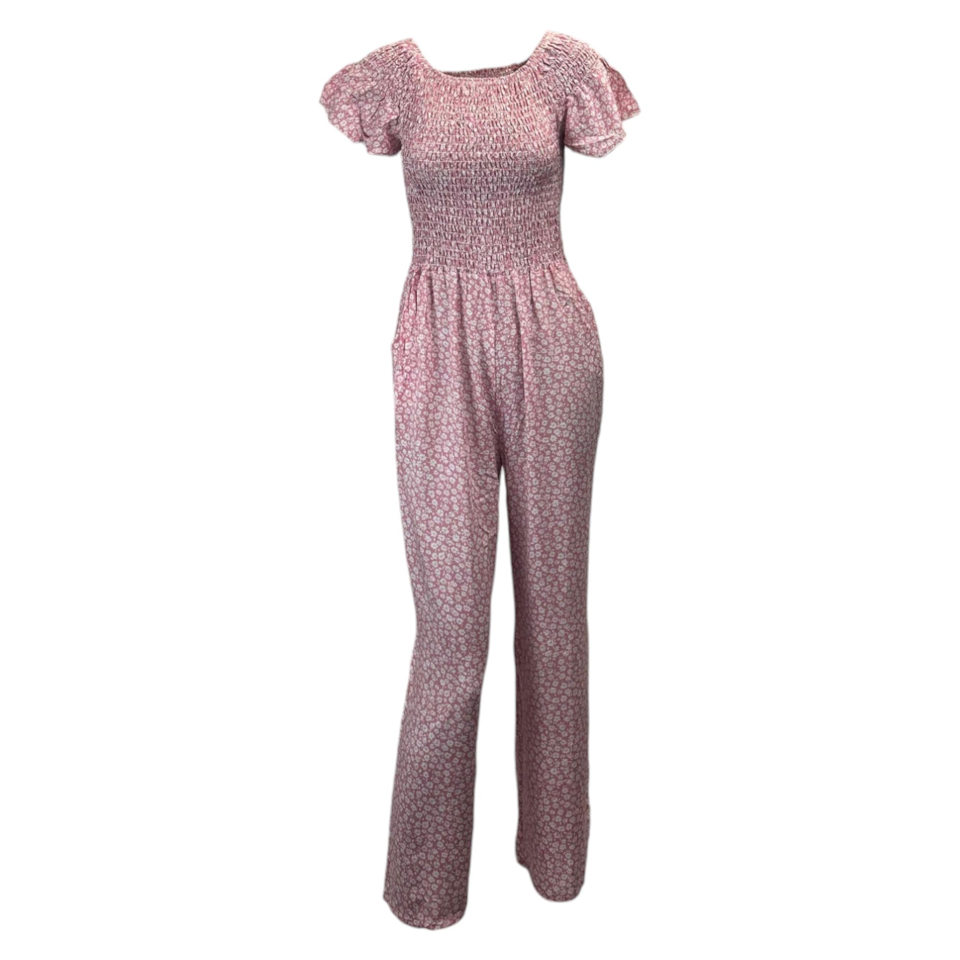 Pink floral women's jumpsuit with short sleeves and cropped legs โ lightweight summer outfit