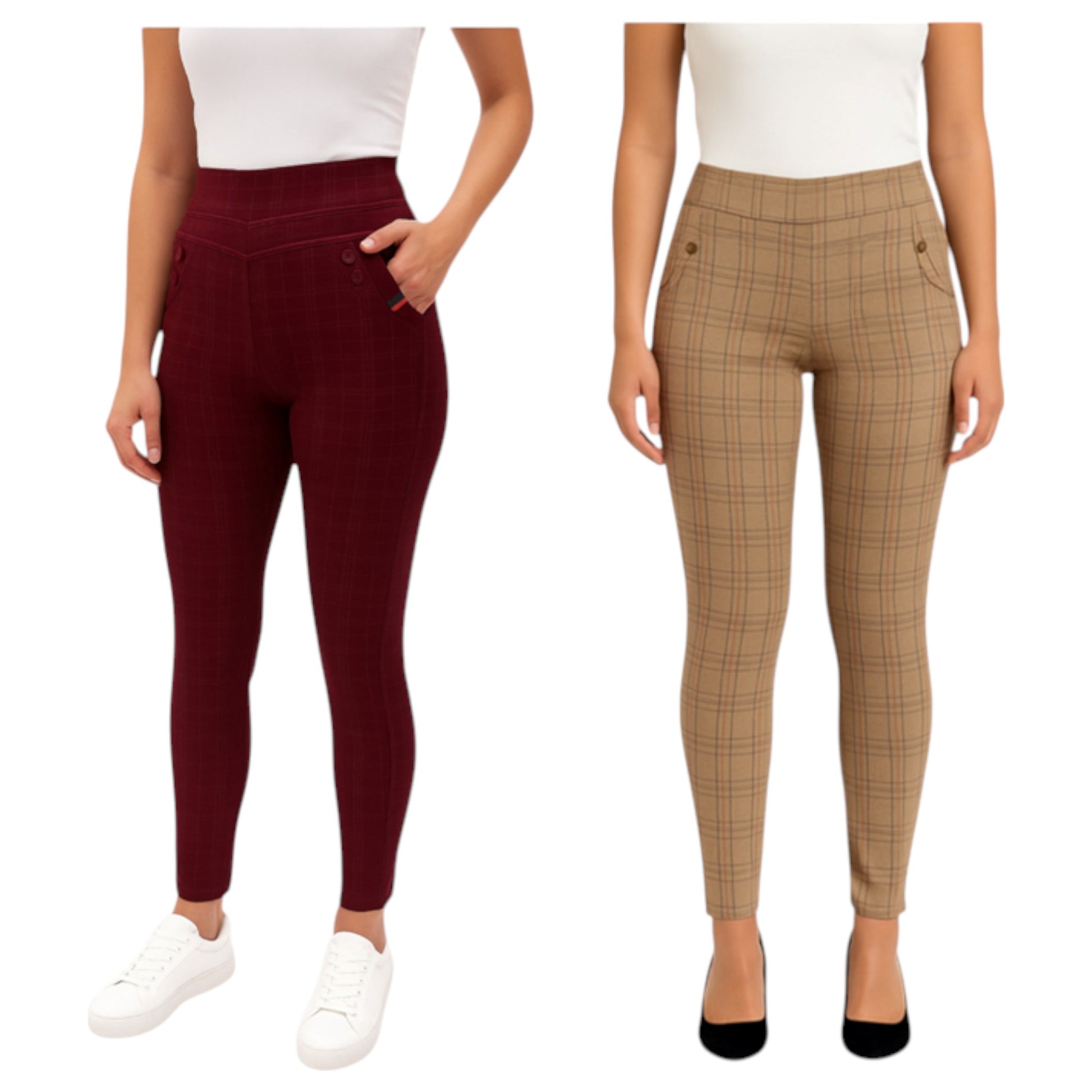 Ladies high-waisted burgundy and stone check slim-fit trousers with front button detail