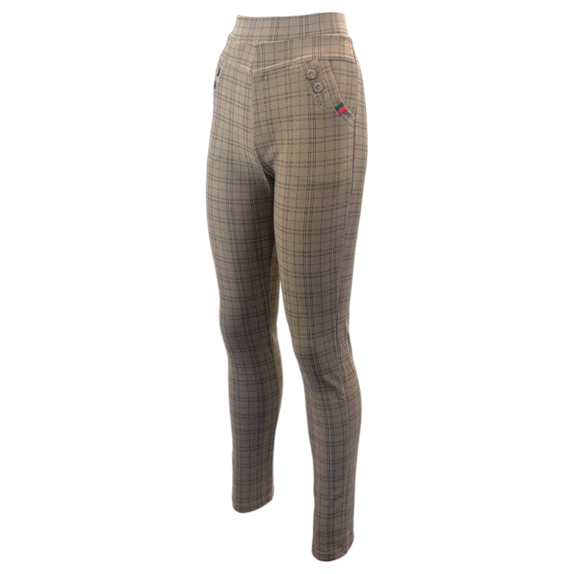 Ladies high-waisted stone check slim-fit trousers with front button detail