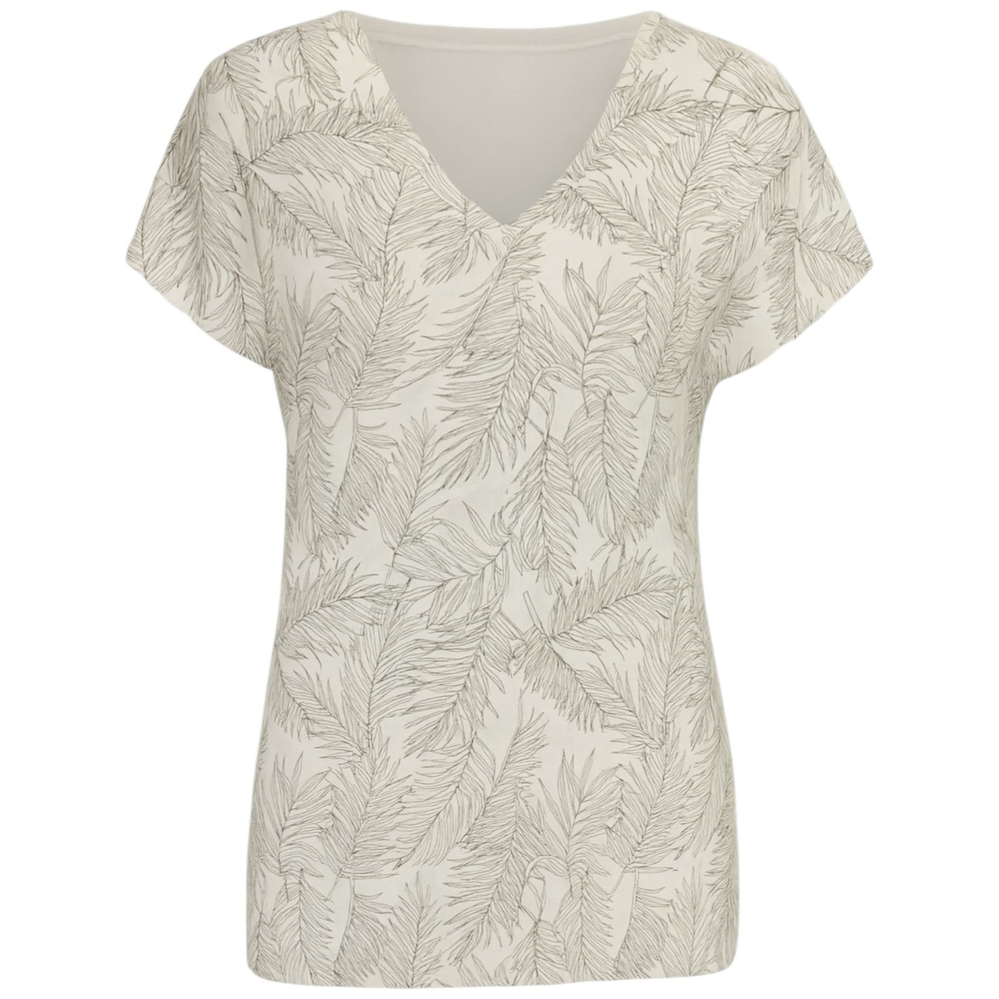 Women's V-neck short sleeve top with green feather print – casual lightweight summer blouse