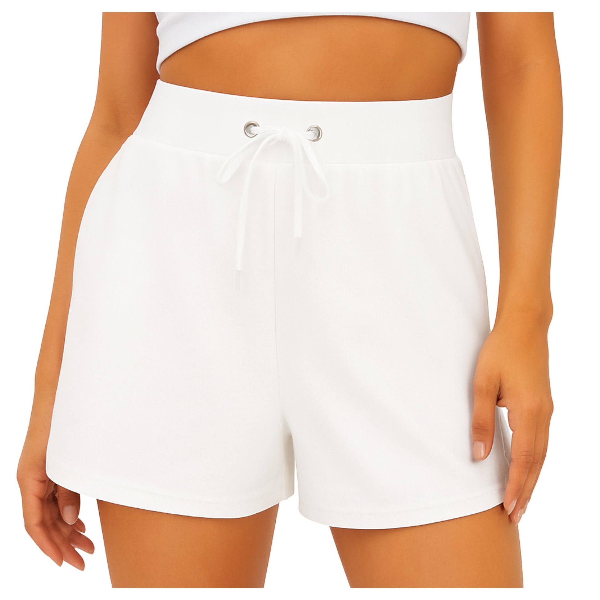 Women’s white high-waist jersey shorts with drawstring and plain waistband