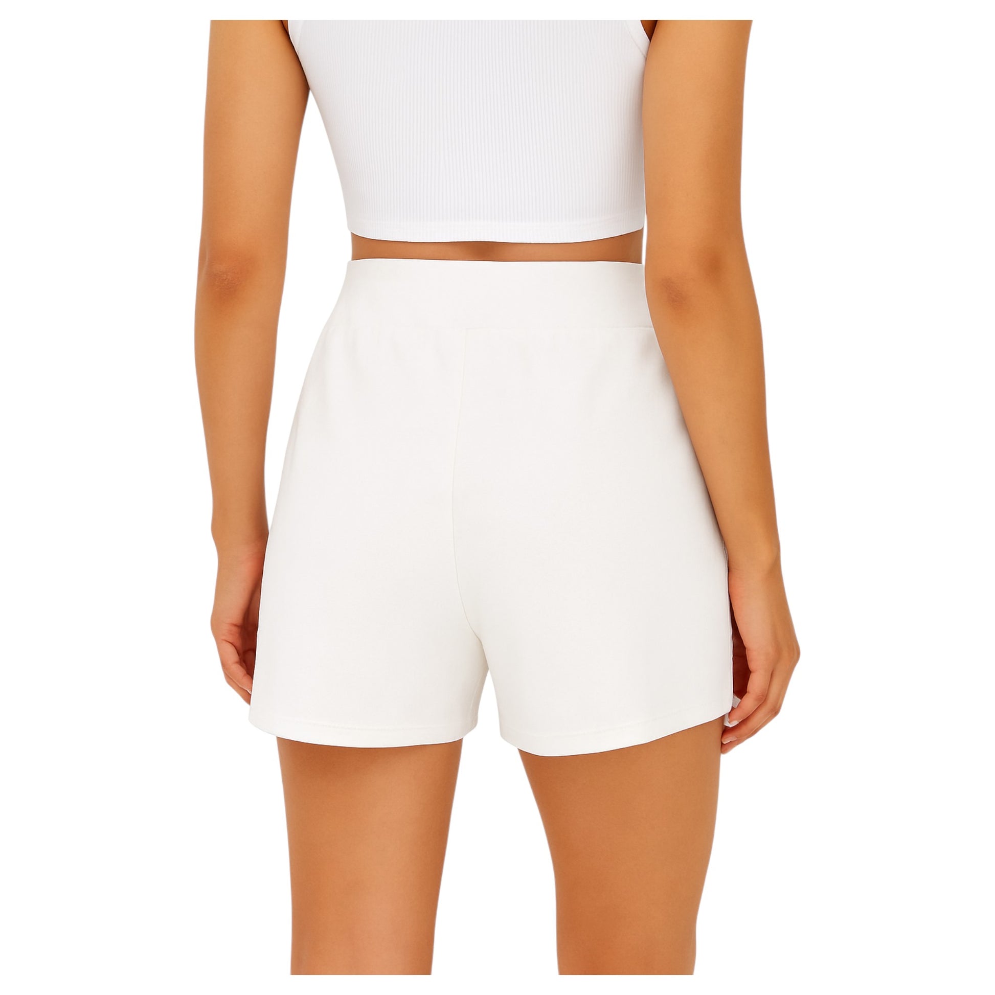 Women’s white high-waist jersey shorts with drawstring and plain waistband